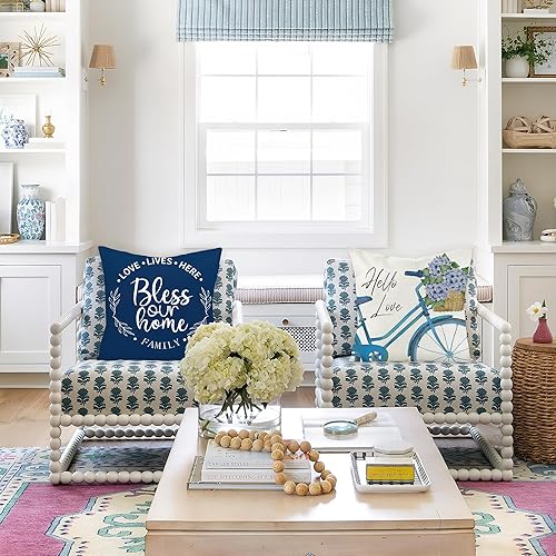 Miniatura 5 de WATINC 4 fundas de almohada de arpillera de hortensias azules para primavera y verano, 18 x 18 pulgadas, funda de cojín para decoración de flores y