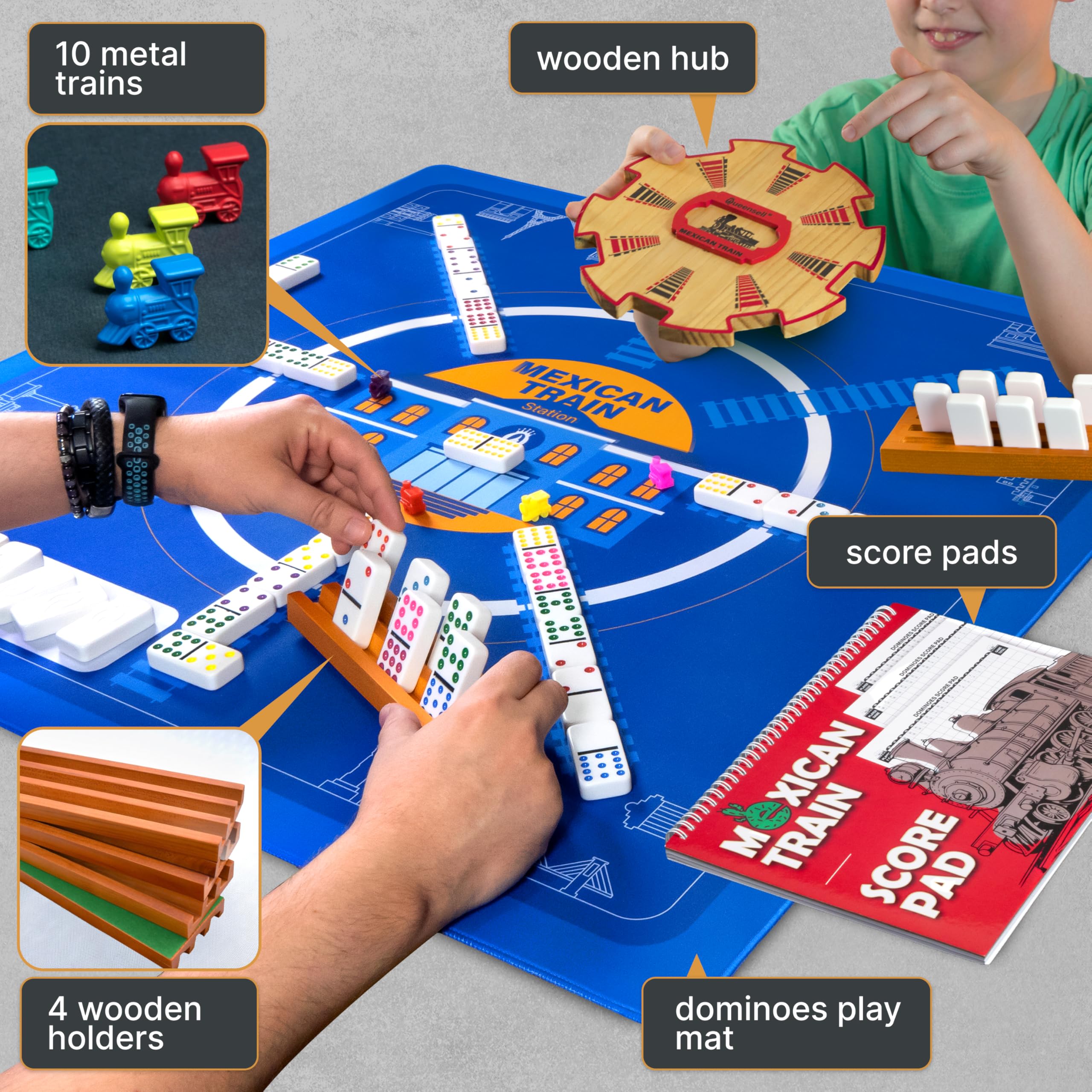 Queensell Jeu de Dominos Double 9 pour Adultes et Enfants avec Points Colorés – Ensemble Classique de Dominos avec 55 Pièces, Hub en Bois, Trains et Étui de Transport EVA