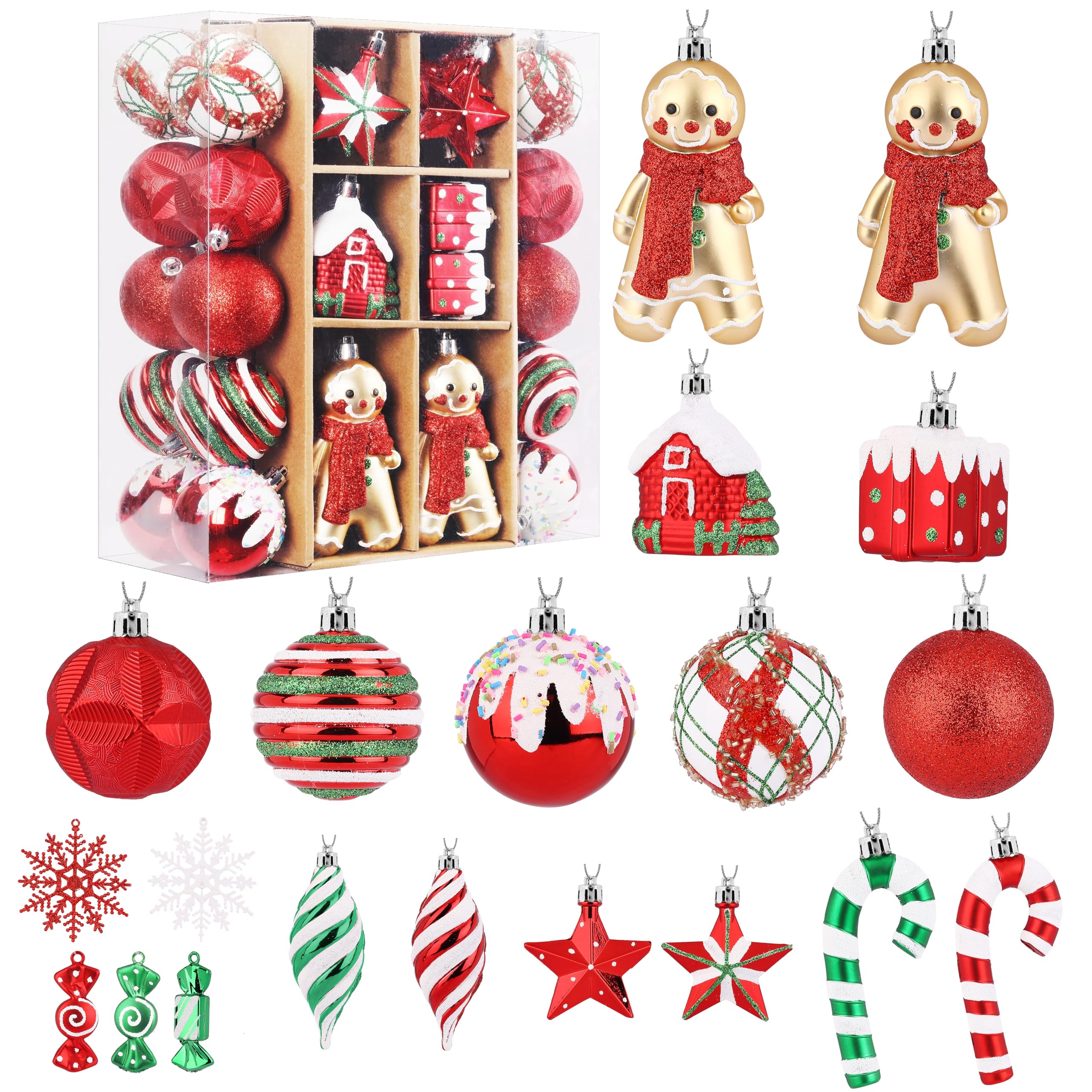SHareconn Set di 65 Palline di Natale Decorazioni, in Plastica Infrangibile, Decorazione per Albero di Natale & Feste Matrimoni, Diverse Forme di Palline con corda, Rosso & Verde & Bianco