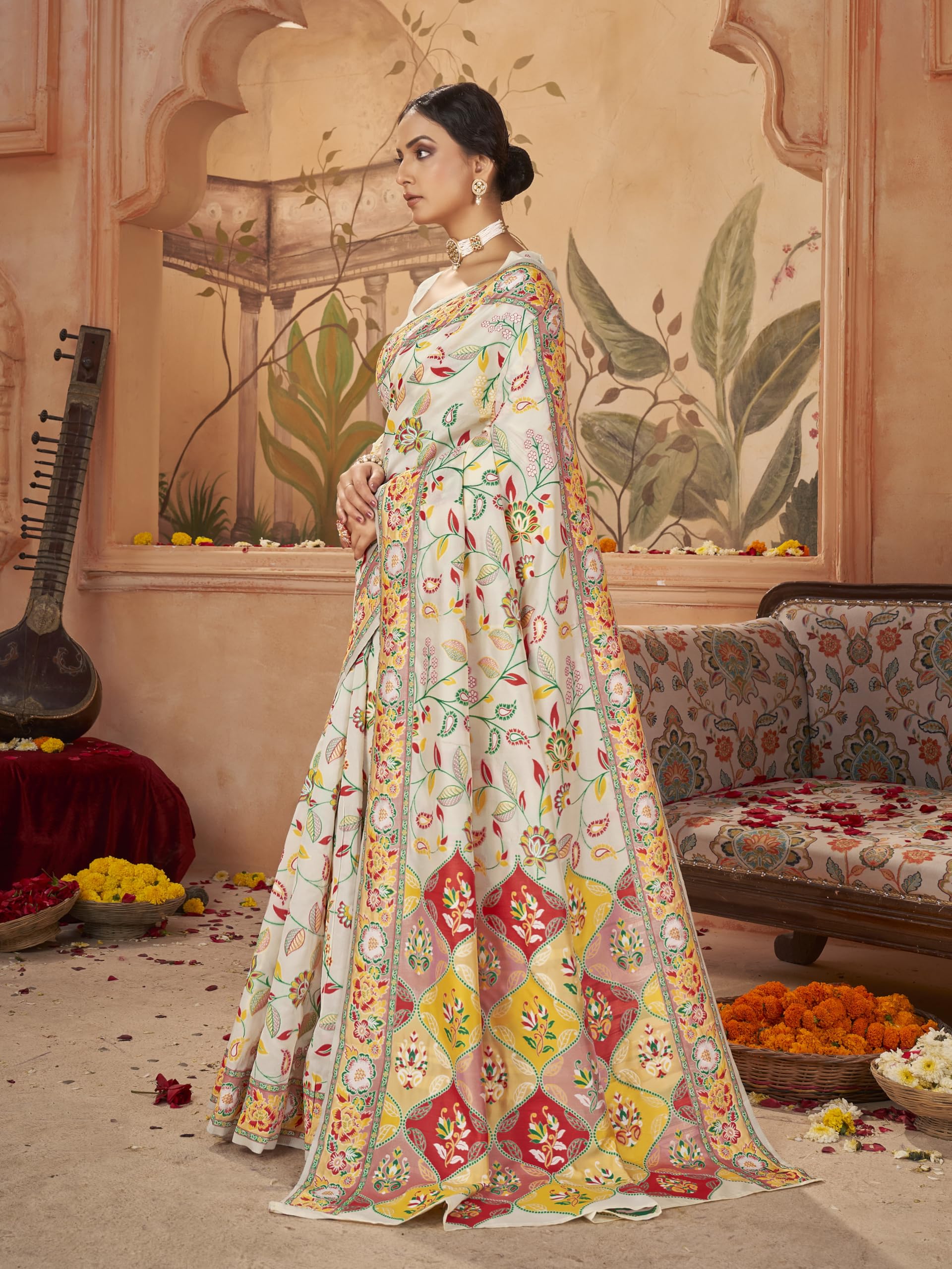 Glory Sarees Women's Kashmiri Pashmina Silk Woven Saree With Blouse Piece (Heritage_Silk112_White)