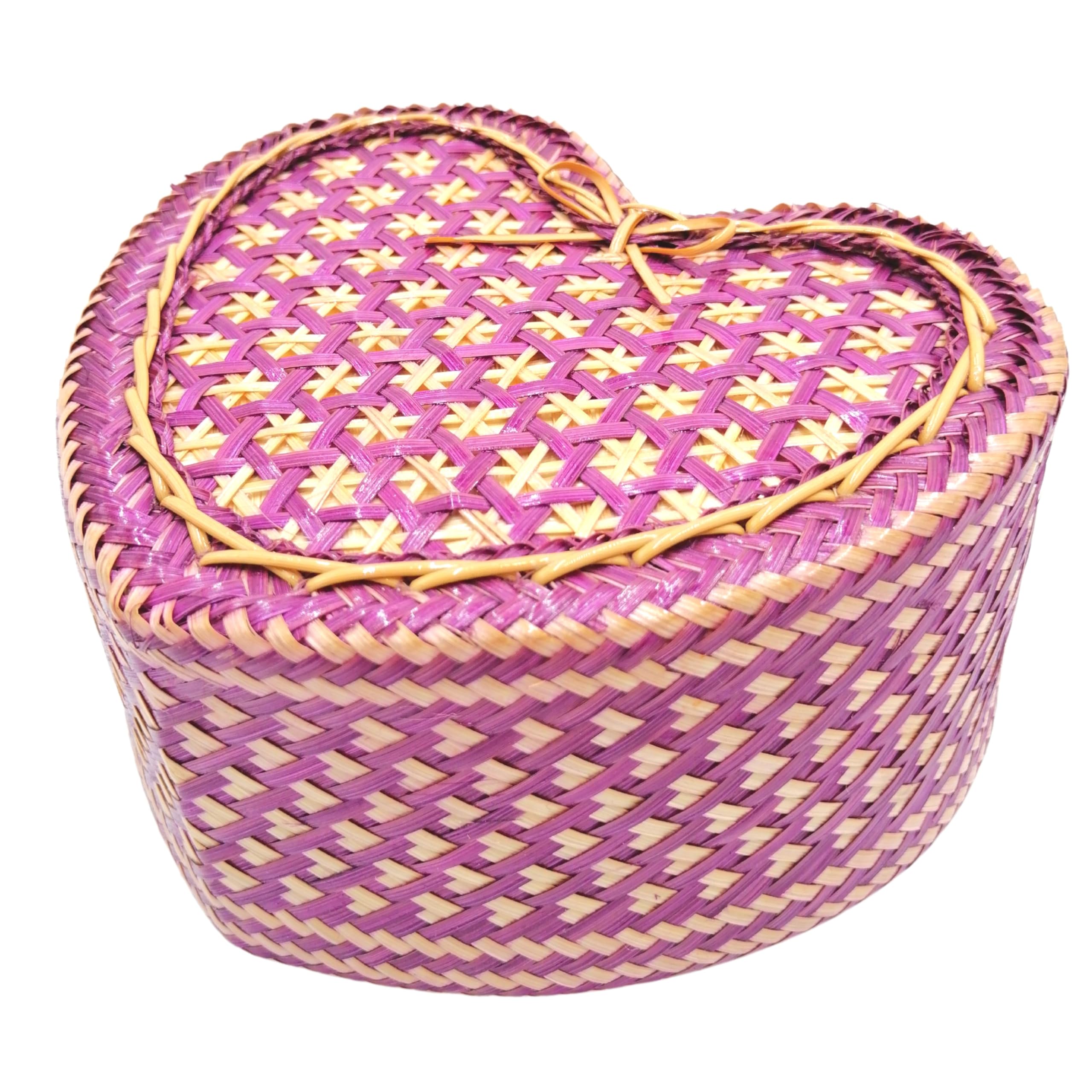 Bamboo Sticky Rice Serving Basket 6 x 5.2 Inch, Kratip, Intricately Woven Container, Heart-Shaped, Pikul Flower Weave Pattern, Thailand Handmade (Purple)