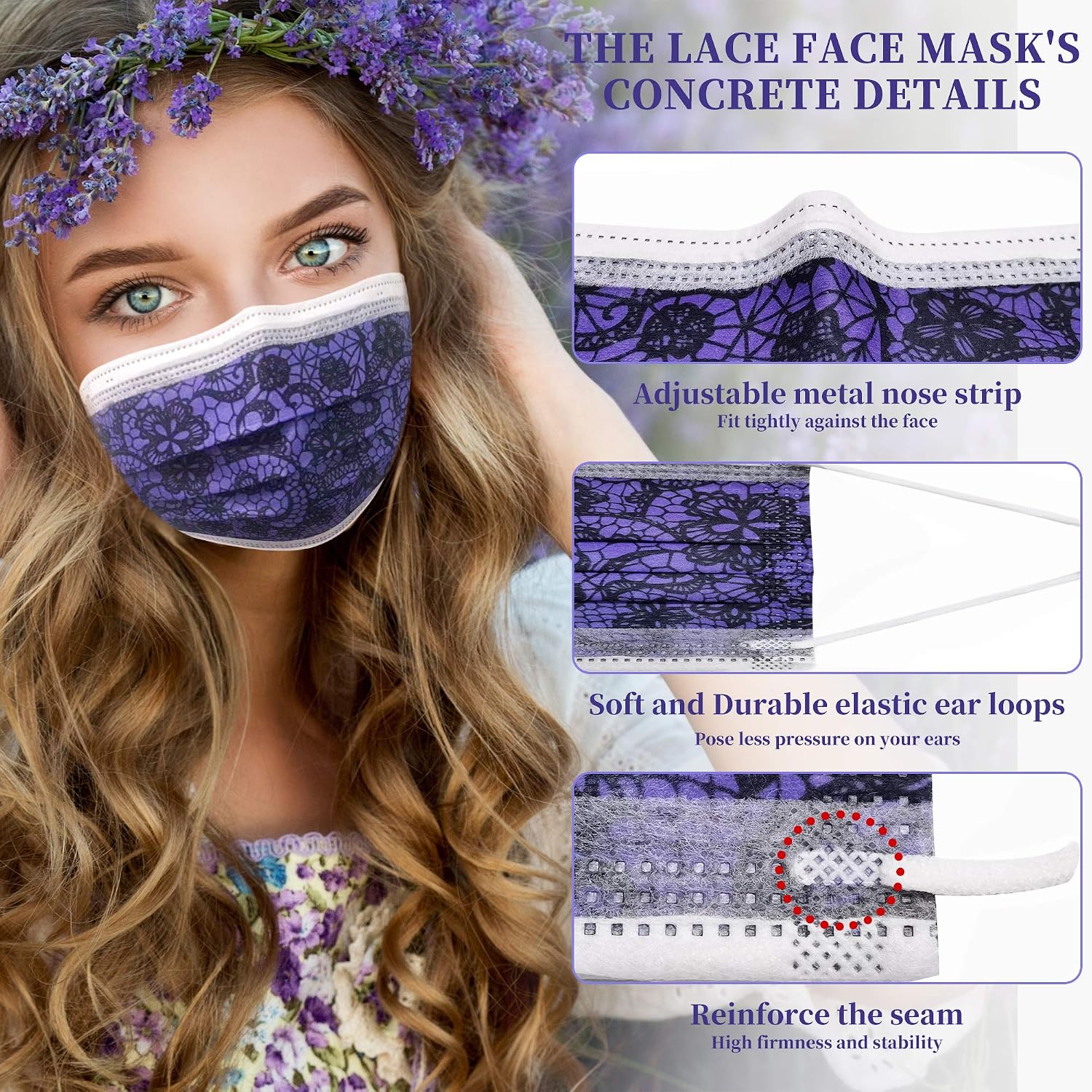EHH Purple Disposable Face Masks with Designs, Face Mask for Women, Breathable 3- Ply Face Mask with Cute Lace Fashion Pattern, Adjustable Nose Wire and Elastic Ear Loops.50Pcs