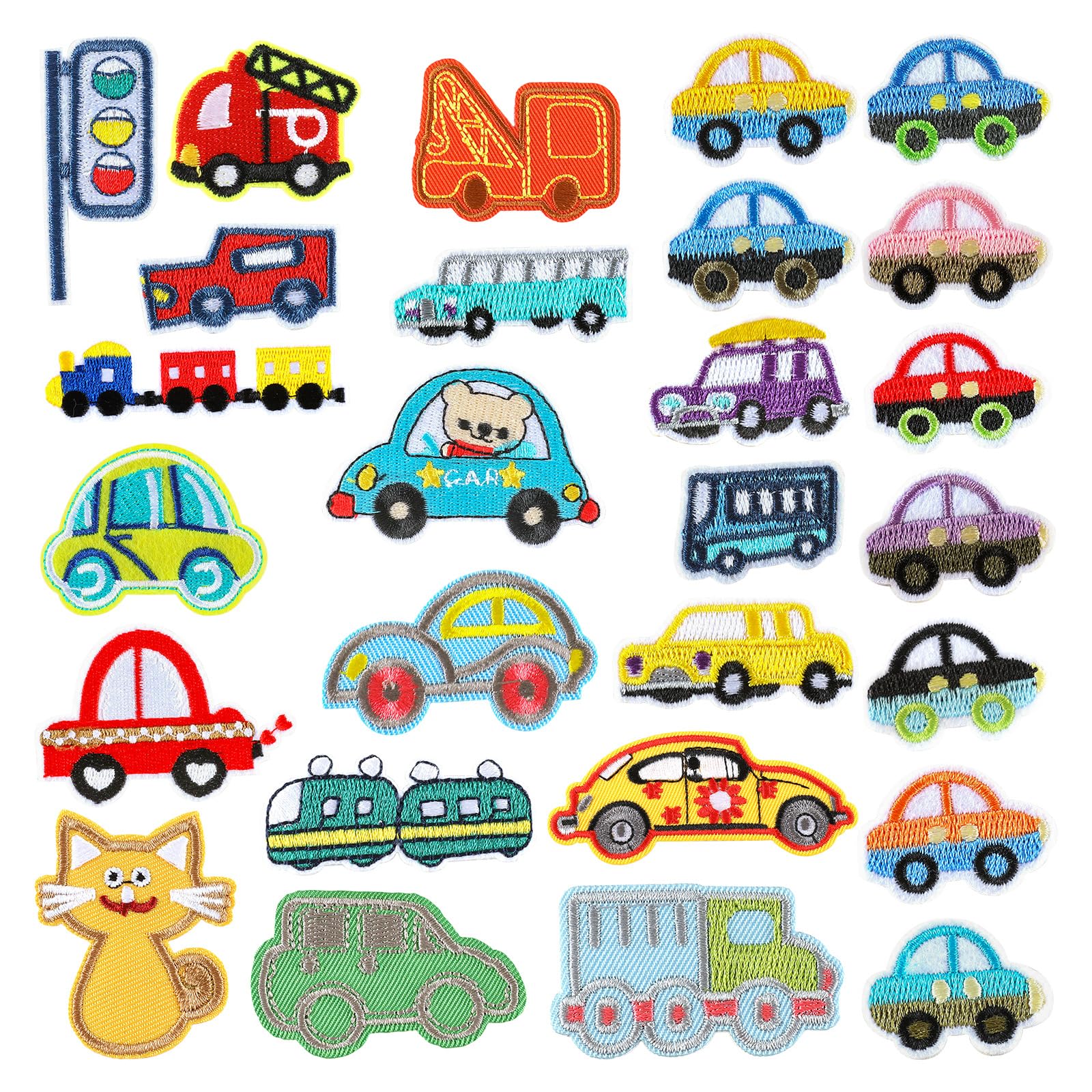 SFNEC 27PCS Iron on Car Patches for Kids Clothing, Embroidered Traffic Appliques Stickers, Repair Patches for Jeans, Jackets, Hats, Shoes, Backpacks, Bus/Truck/Cars DIY Decorations