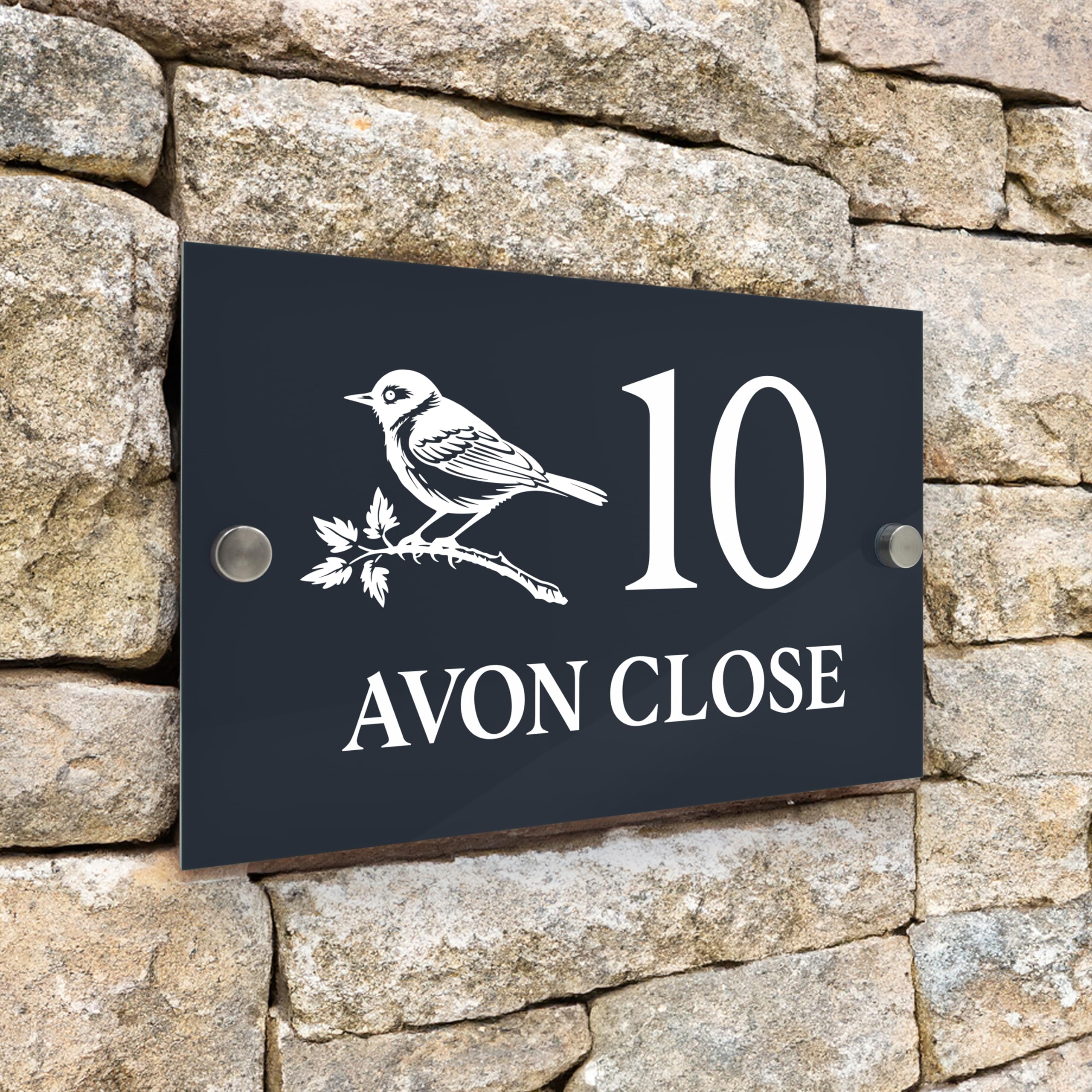 Badgemaster Modern Anthracite Grey House Number Sign Plaque Stainless Steel Standoffs 20cm x 13cm Bird