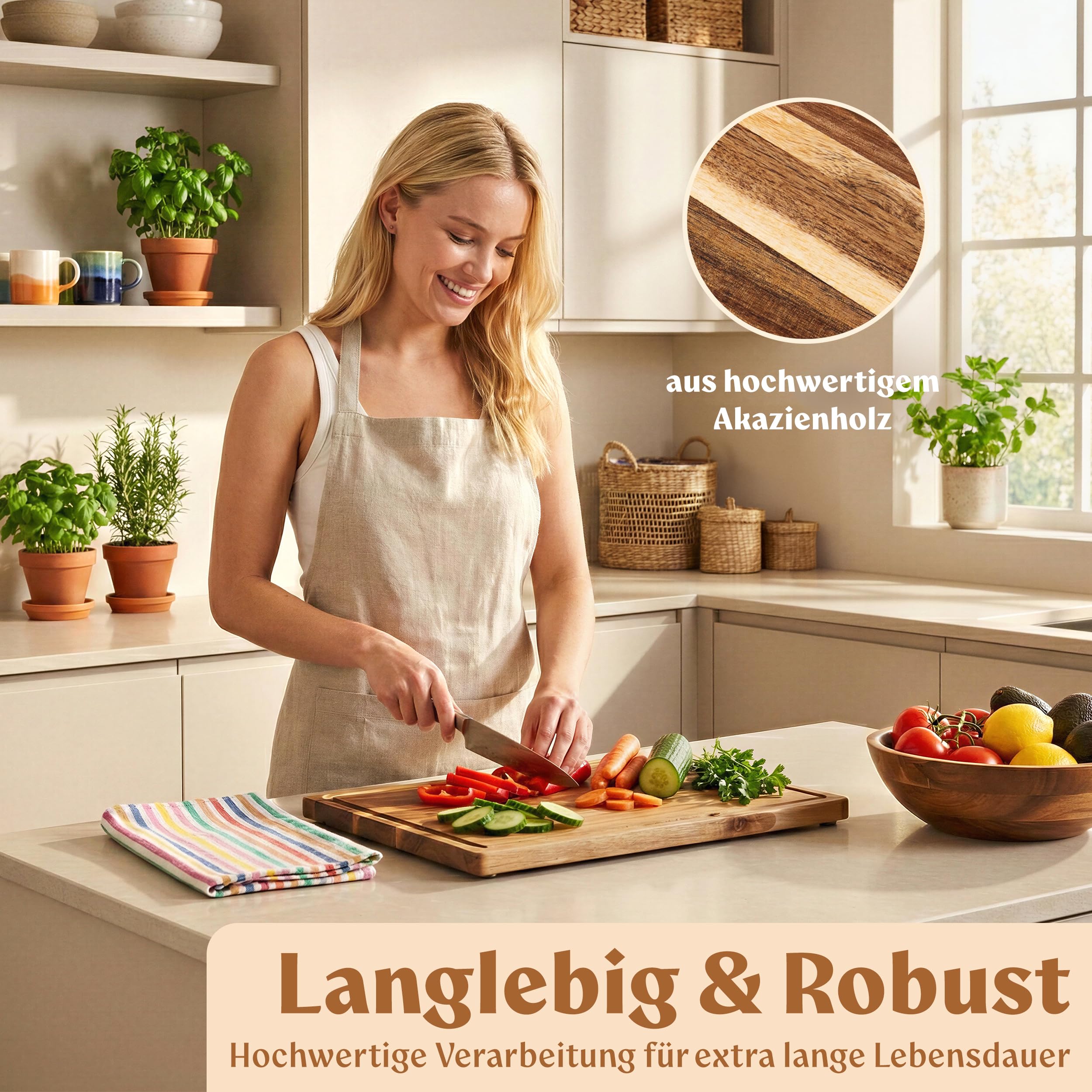 EDELHAUS Schneidebrett Holz 3er Set (40x30cm / 33x24cm / 26x18cm) Holzschneidebrett aus Massiver Akazie - 2cm dicke Holzbretter Küche mit Saftrille - Design Cutting Board Schneidbrett Set
