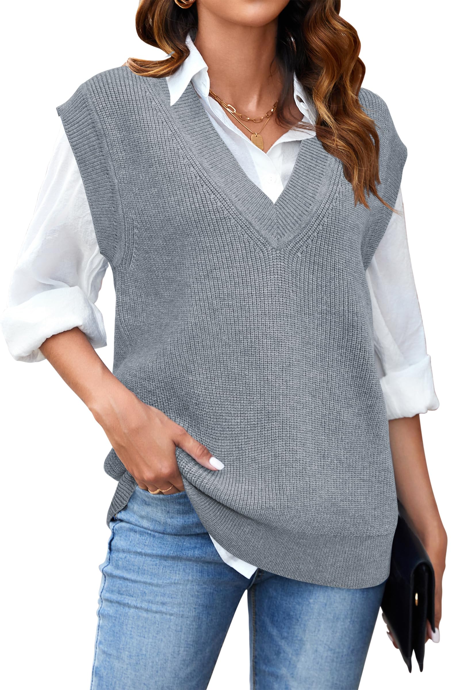 Arach&amp;Cloz Womens Sweater Vest 2024 Fall Winter Knitted V Neck Oversized Casual Cap Sleeve Pullover Tank Tops