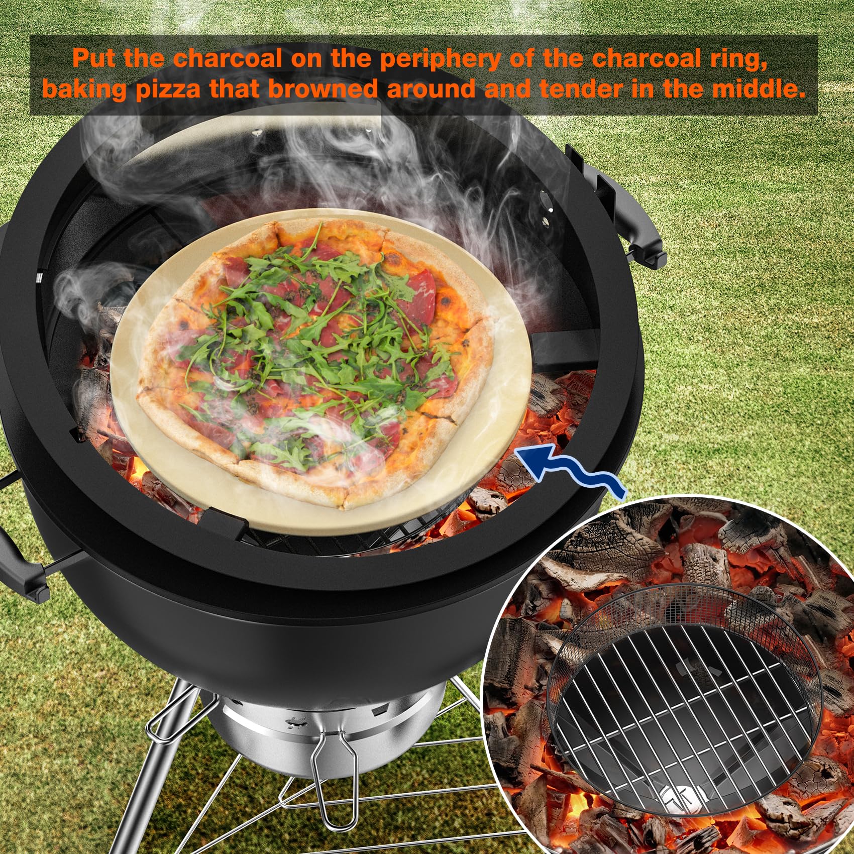 onlyfire PizzaRing Rotisserie Set für Weber 57 cm Kettle Holzkohlegrill, Grillspieß Set Drehspieß mit Motor, 38cm Pizzastein, Holzkohle-Ring, Pizzaeinsatz