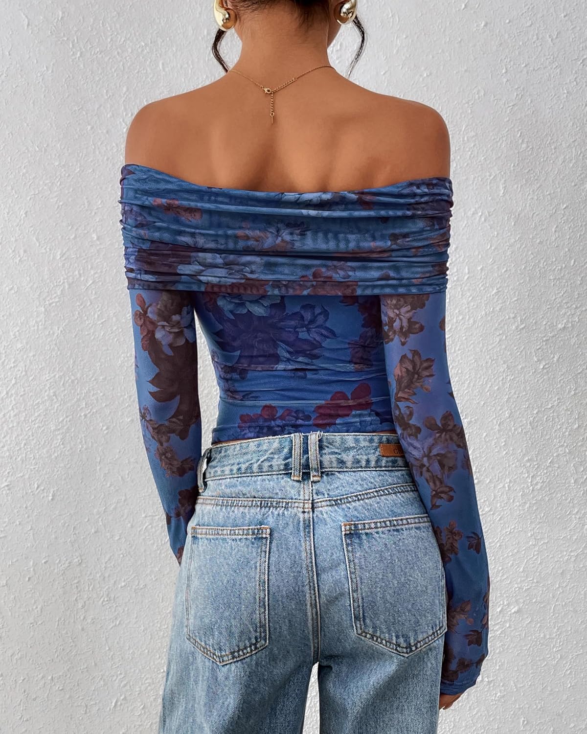 PRETTYGARDEN Womens Tops 2026 Spring Off The Shoulder Long Sleeve Fitted Y2k Shirts Floral Ruched Mesh Going Out Outfits - Image 5