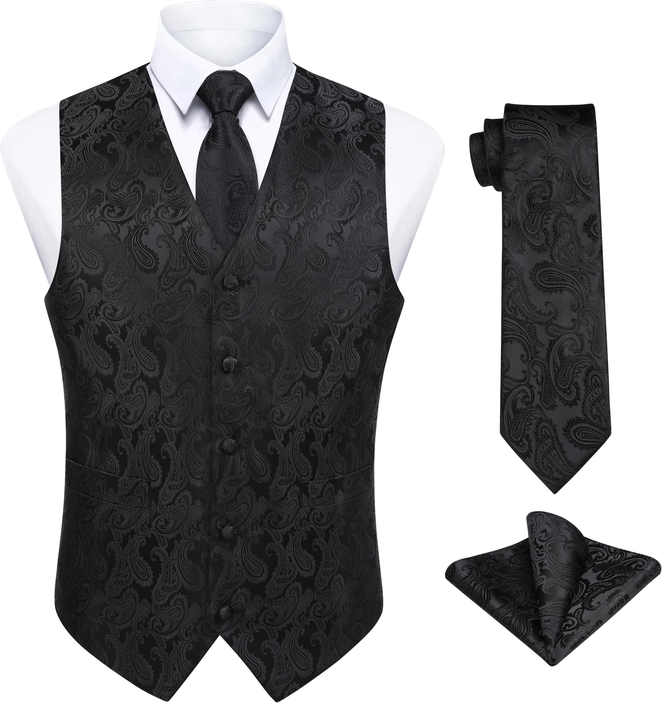 EnlisionMen's Black Waistcoats Paisley Wedding Waistcoat Tie Pocket Square Floral Jacquard Party Suit Vest Set 3XL