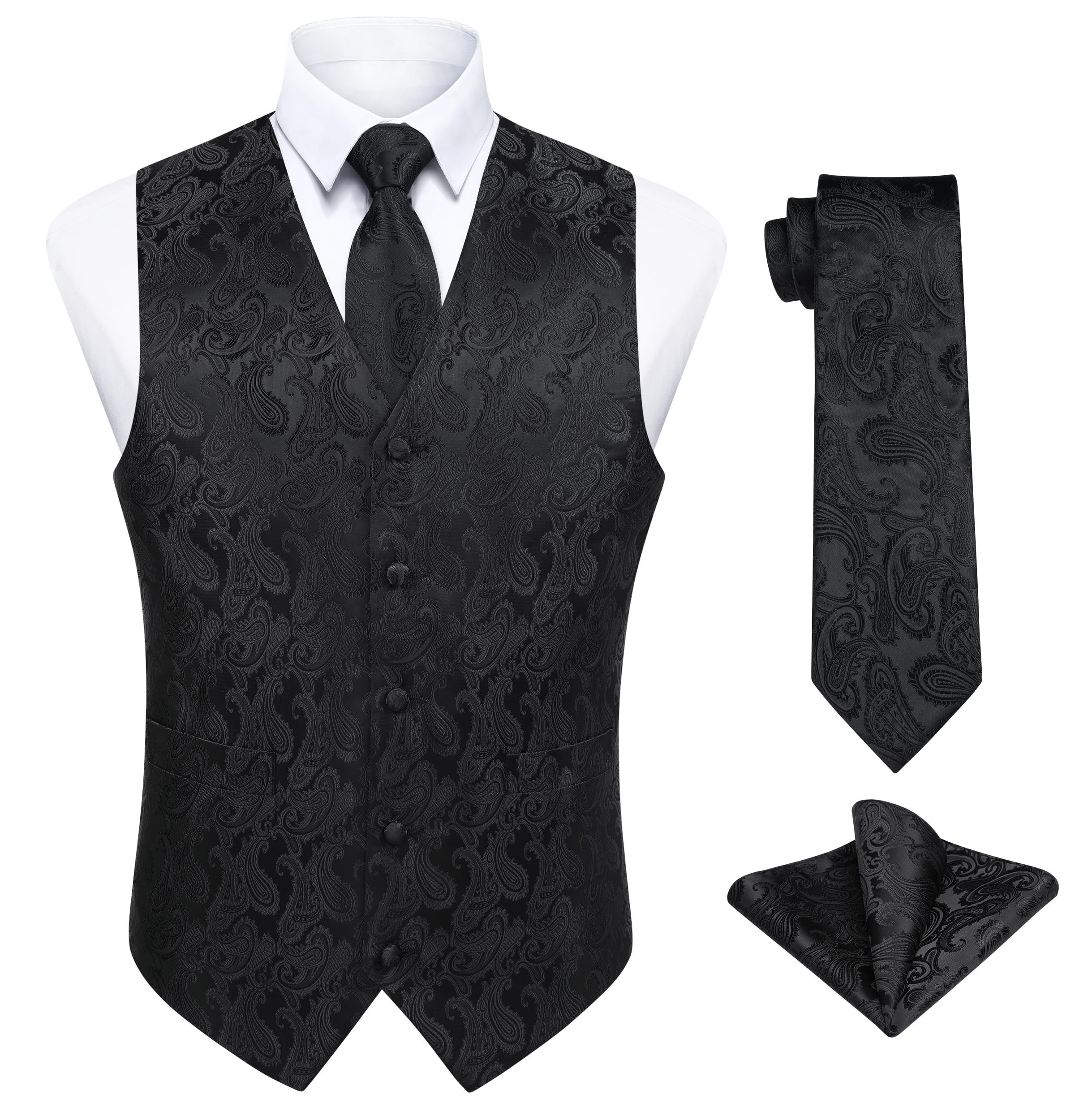 EnlisionMen's Black Waistcoats Paisley Wedding Waistcoat Tie Pocket Square Floral Jacquard Party Suit Vest Set 3XL