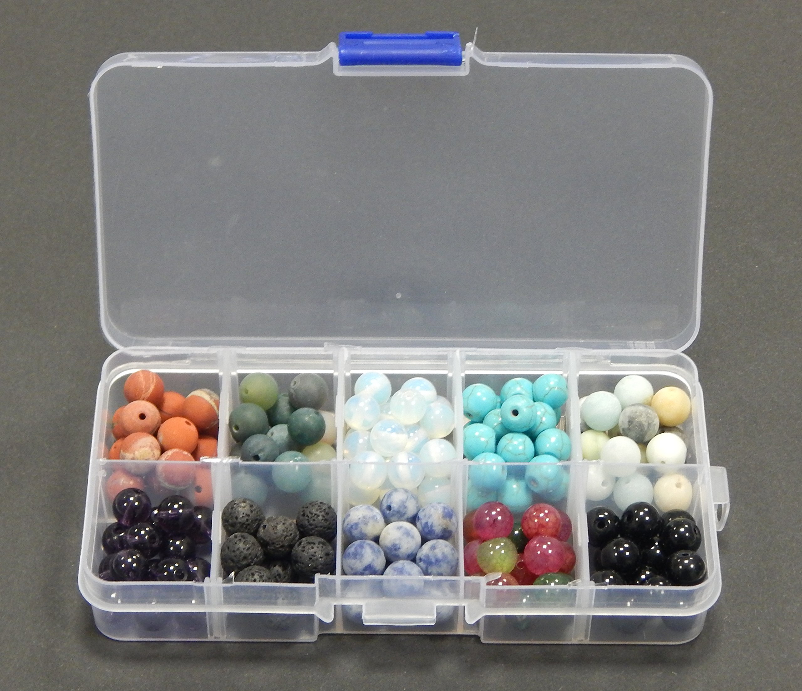 Perlin 150stk. Edelsteine Halbedelstein Perlen 8mm Bastel-Set 10 Farben Amethyst, Mondstein, Lava stein, Jaspis, Onyx Schwarze, Tourmaline, Sodalith, Amazonite, Türkis, Indische Achat mit Sortierbox