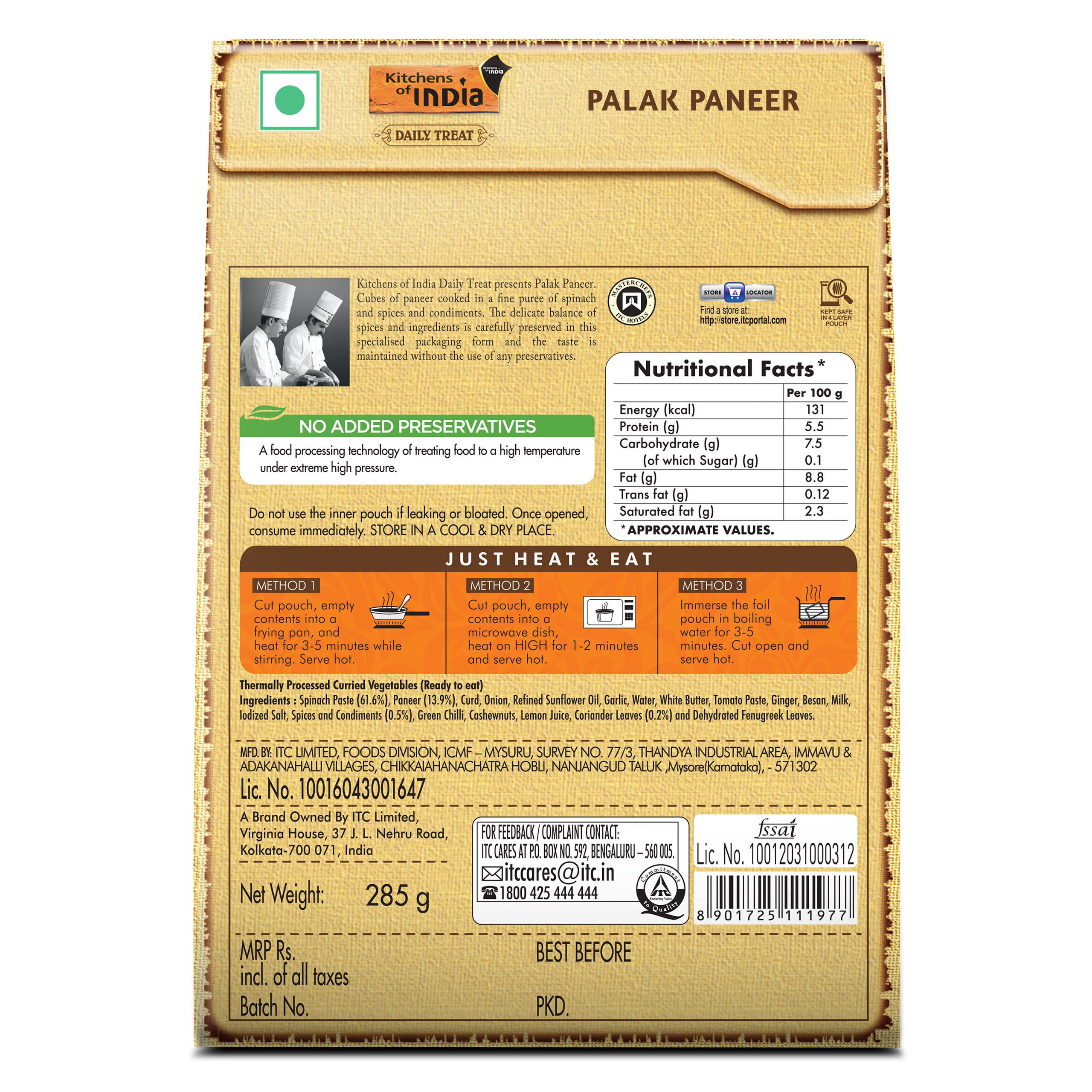 Kitchens of India Palak Paneer, ITC Ready to Eat Indian Food, Just Heat and Eat, Microwavable, 285g - Image 9 thumbnail