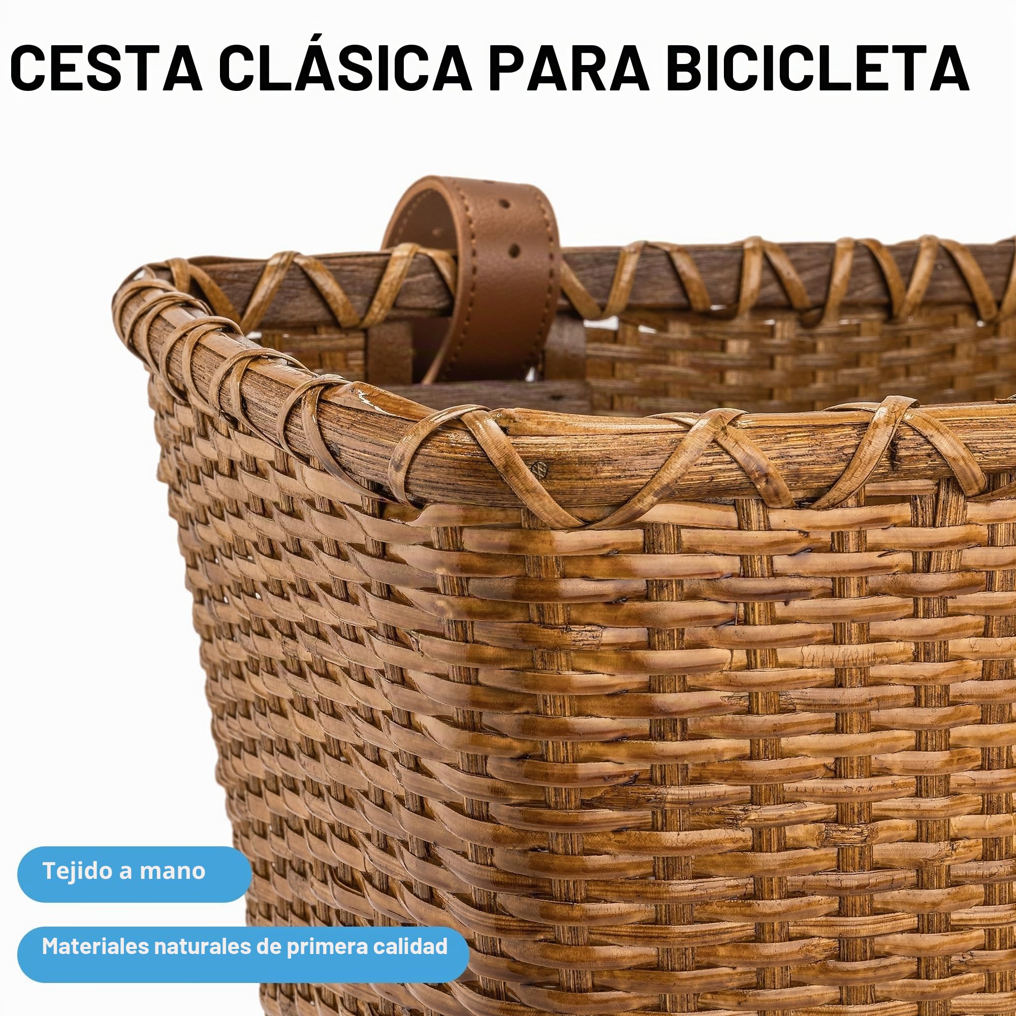 Cesta para bicicleta – diseño retro, robusta cesta para manillar con base de madera y soportes de cuero, ideal como cesta delantera para bicicleta