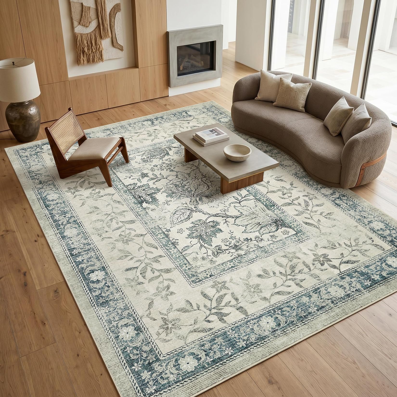 FairyStyle Washable Vintage Blue Floral Area Rug, 200 x 300 for Living Room