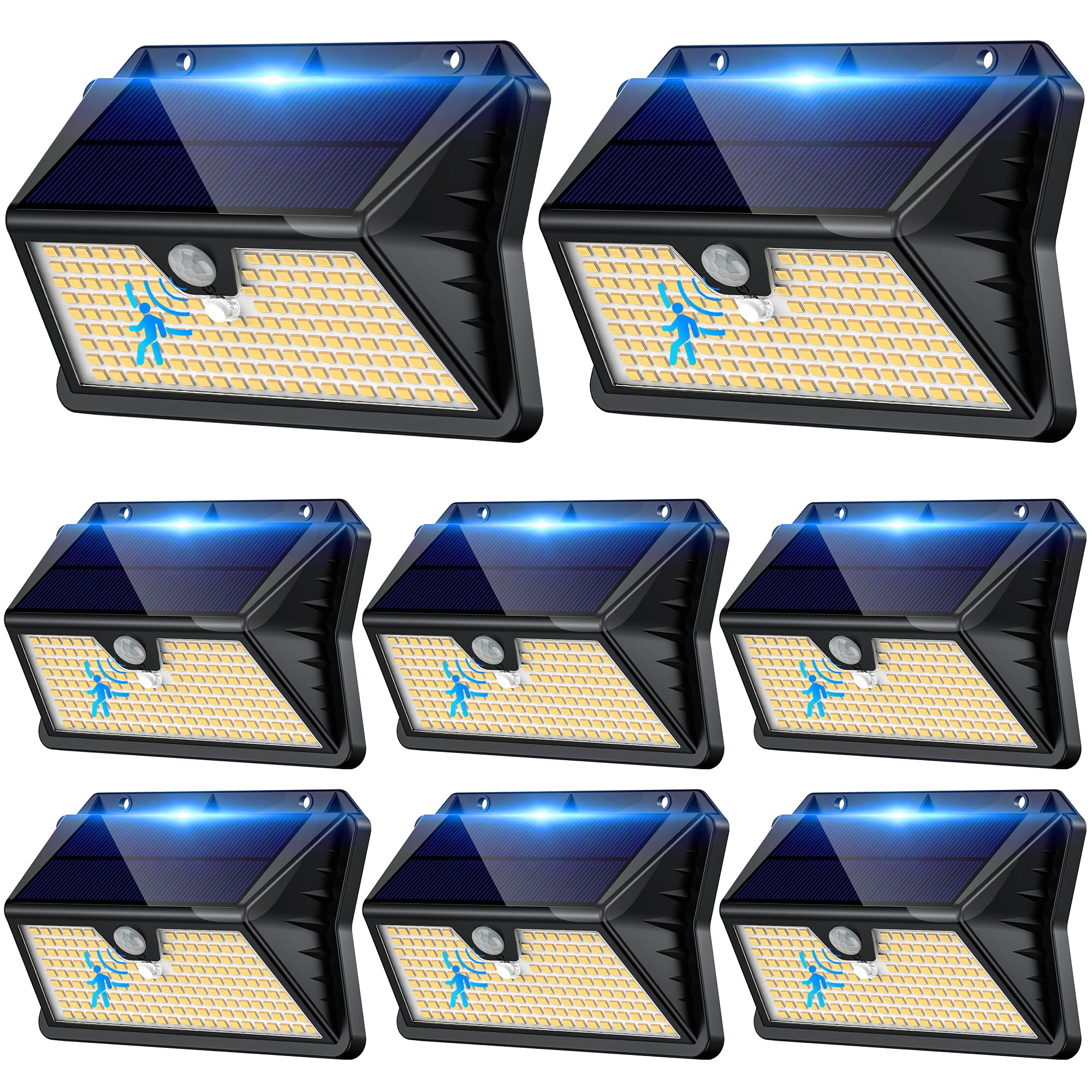 Luce Solare LED da Esterno con Sensore di Movimento, IP65 Impermeabile, 3 Modalità, Faretto LED da Esterno Solare per Parete Giardino Garage (8 Pezzi Bianco Caldo)
