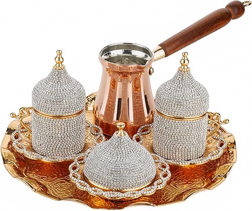 Miniatura 32 de DEMMEX Juego completo para preparar café árabe griego turco con tazas, platillos, tapas, bandeja para azucarero y cafetera de cobre, decorada a mano