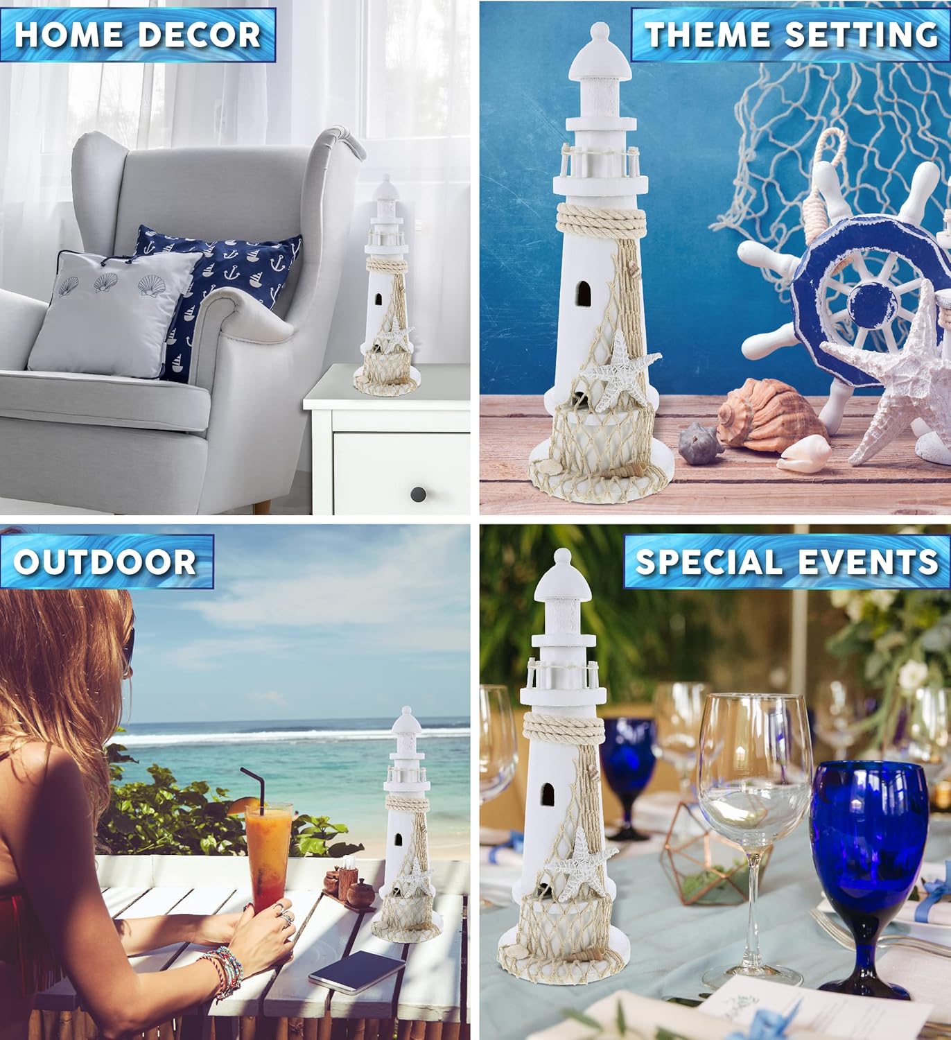 CoTa Global Puzzled White Lighthouse Decor - Handmade and Crafted Wooden Lighthouse Decoration with Starfish, Beach Style Tabletop Centerpiece Home Decor - 14 Inches