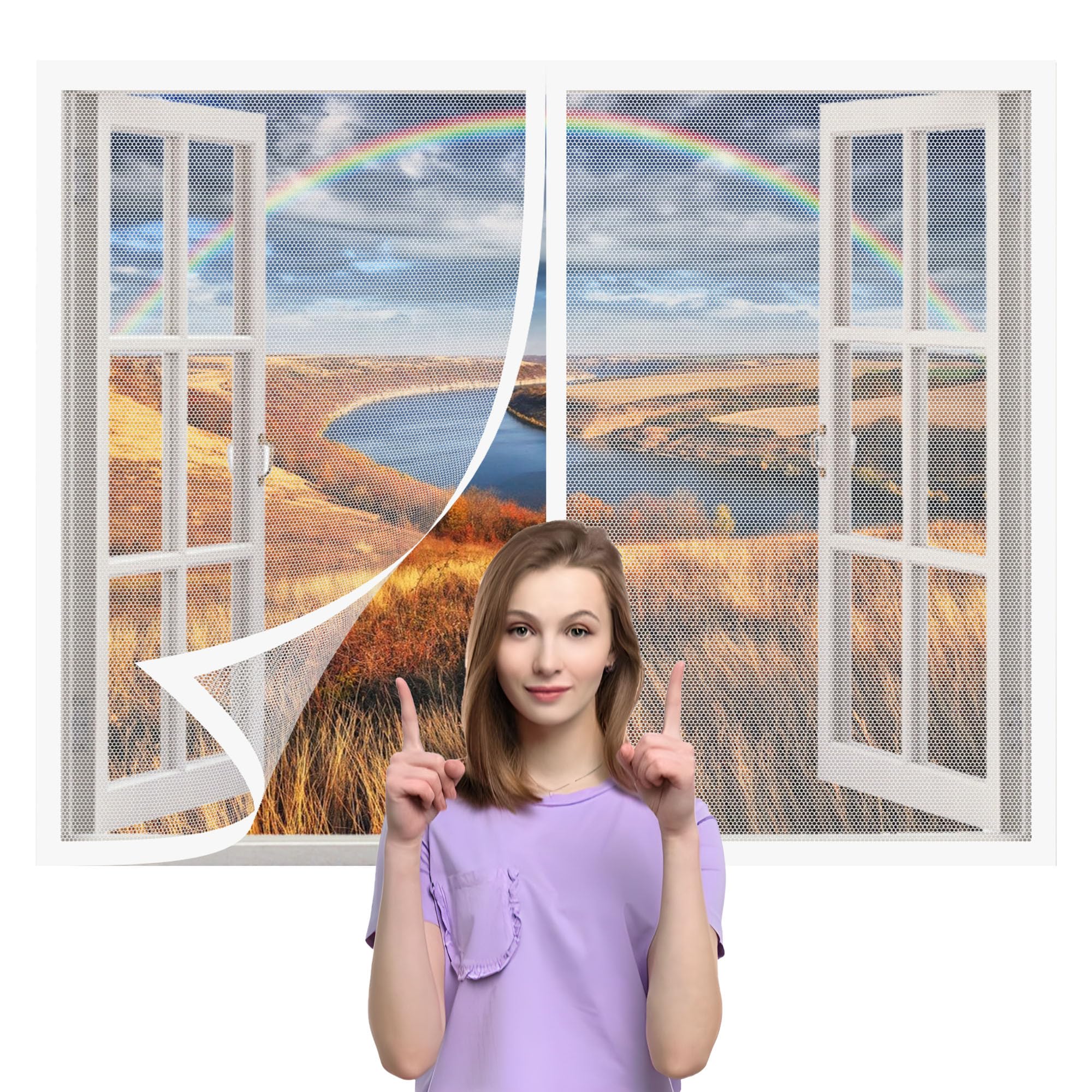 Magnetic Net Window 105 x 165 cm with Selfadhesive Magnetic Window Screen Insect Mesh Easy Installation for Bedroom, Living Room, Kitchen Patio, White