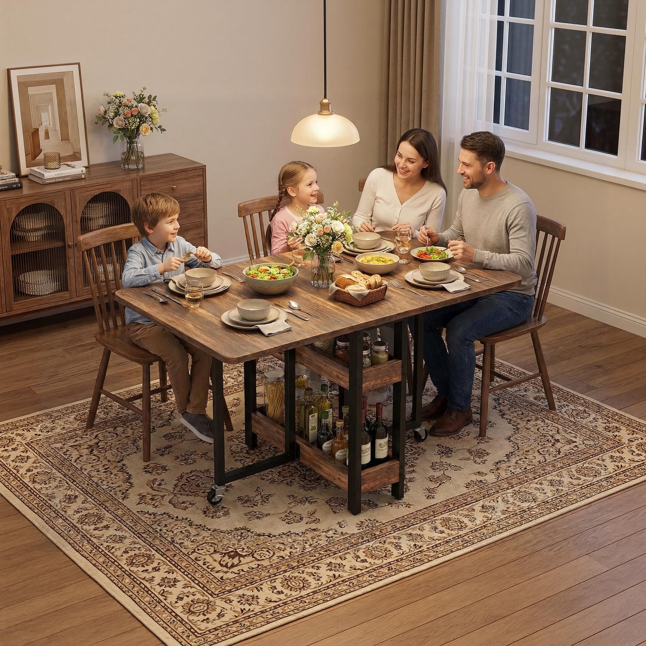 Clevich Tavolo da pranzo pieghevole mobile con 2 ripiani, per 4-6 persone, ideale per spazi ridotti, ingombro da chiuso: solo 0,218 m³, per cucina e casa, 133x80x75 cm, legno di tigre.