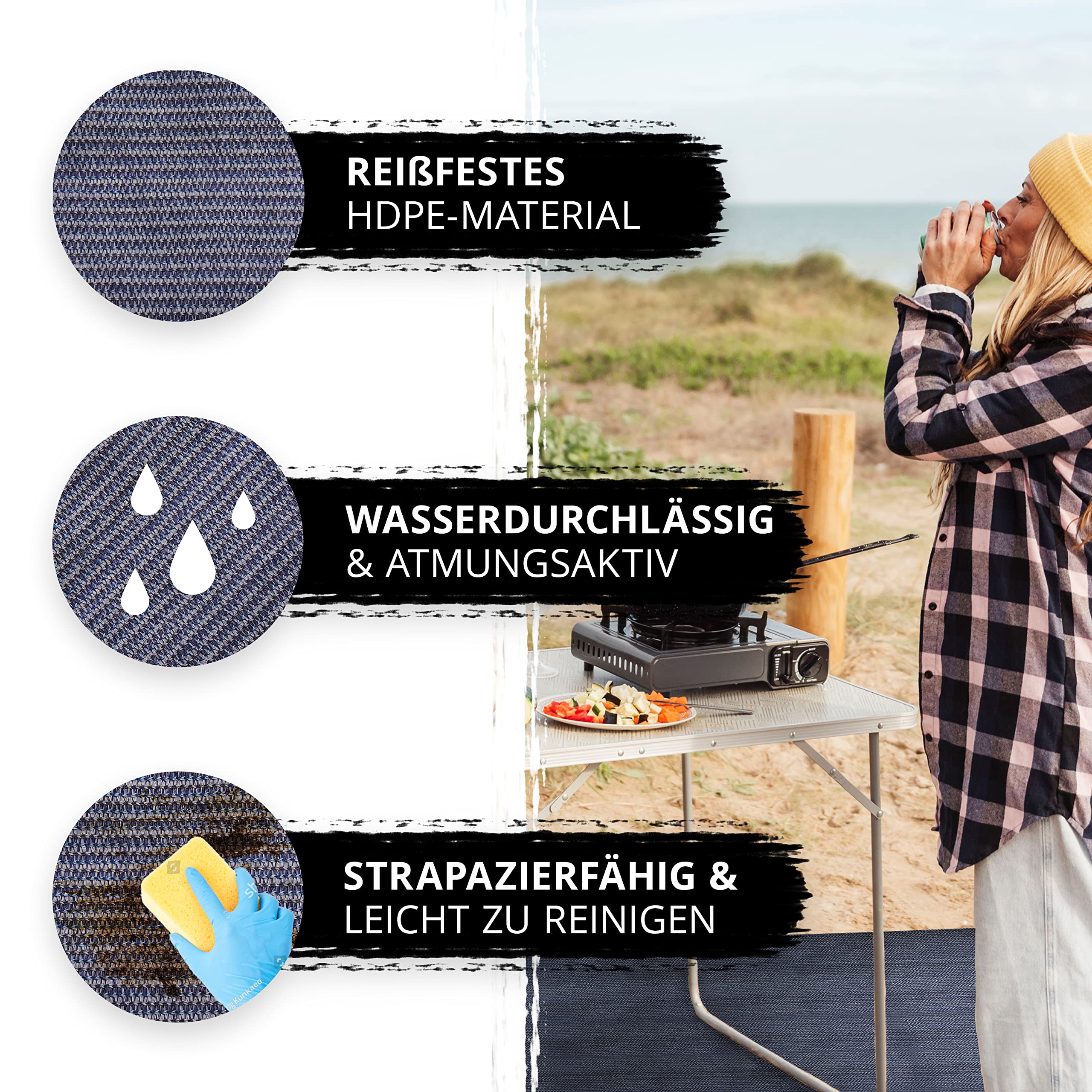 Vorzeltteppich – Markisenteppich – Outdoor-Teppich – wasserfest + wasserdurchlässig – Zeltunterlage – Diverse Größen – mit Ösen zur Befestigung – hochwertig – einfache Reinigung