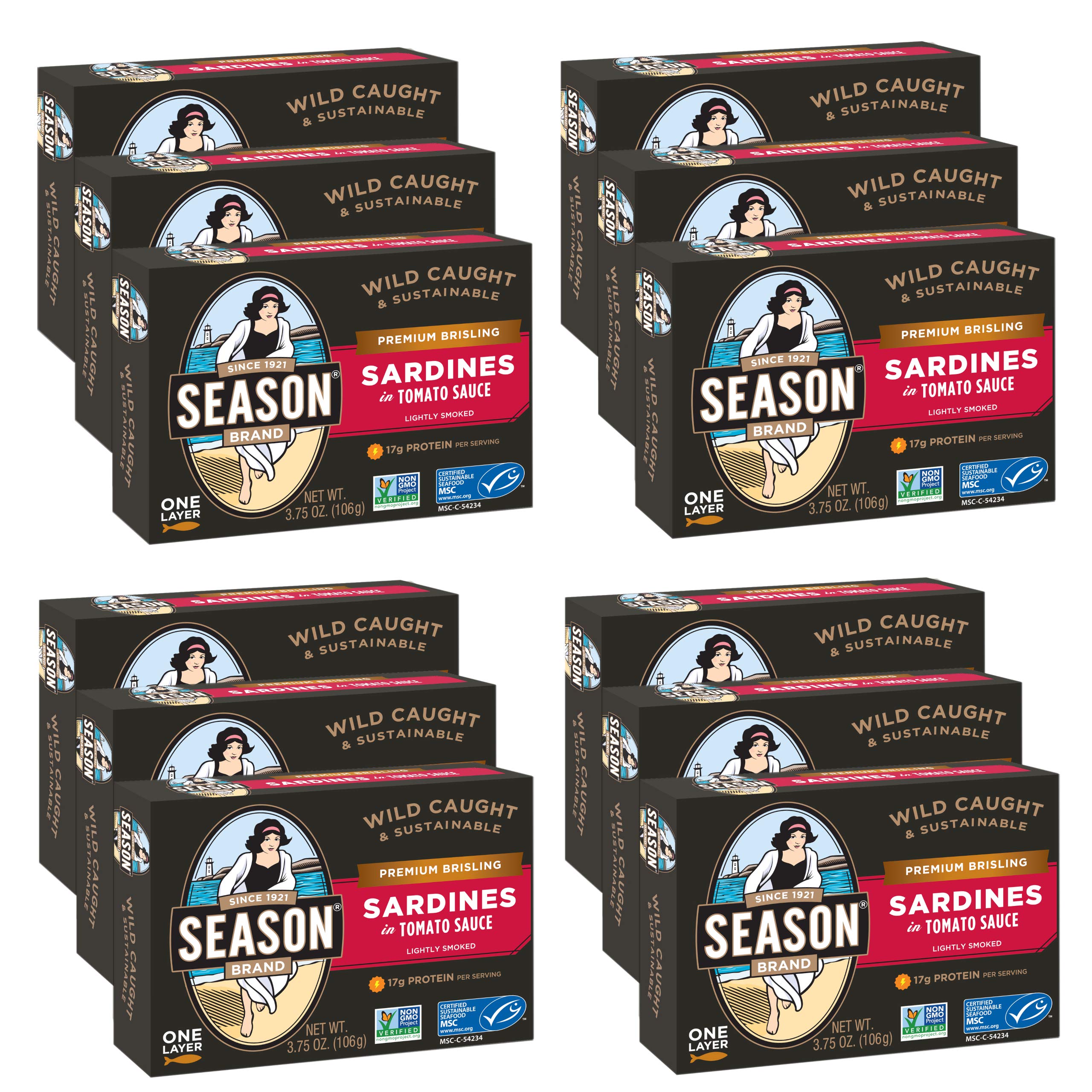 Season Brisling Sardines in Tomato Sauce - Wild Caught, 17g of Protein, Keto Snacks, More Omega 3's Than Tuna, Kosher, High in Calcium, Canned Sardines - 3.75 Oz Tins, 12-Pack