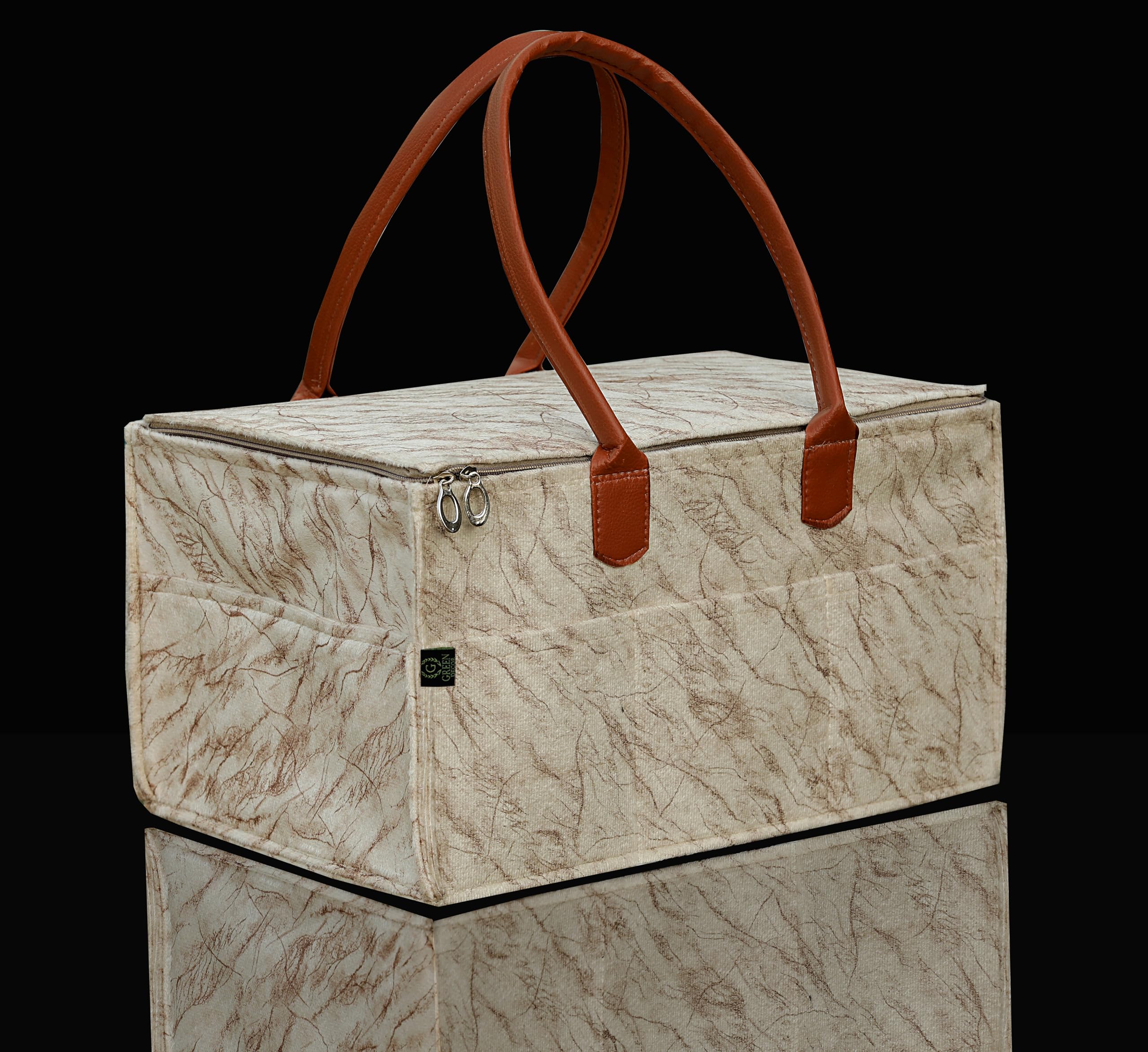 GREEN DECOR - Non Woven Fabric Cute Diaper Caddy Bag with Handles & Zip Lock for Smart Mothers Baby Diaper Caddy Wipes Felt Storage Organizers,Foldable and Portable(Marble Cream- 18X12X9 Inch)