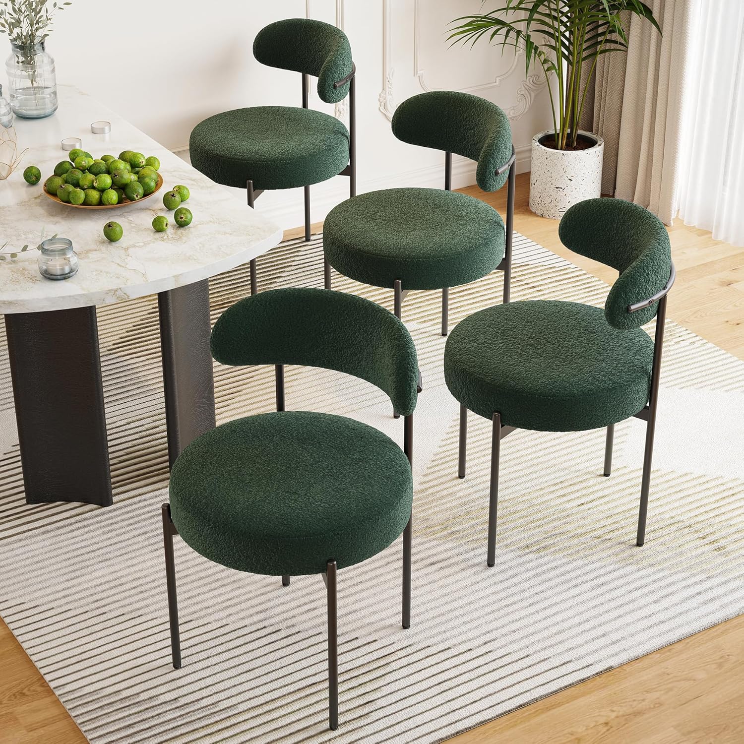 Farini Dining Chairs Set of 4,Mid-Century Modern Kitchen Chair Curved Backrest Round Upholstered Sherpa Dining Chairs with Metal Legs,Green