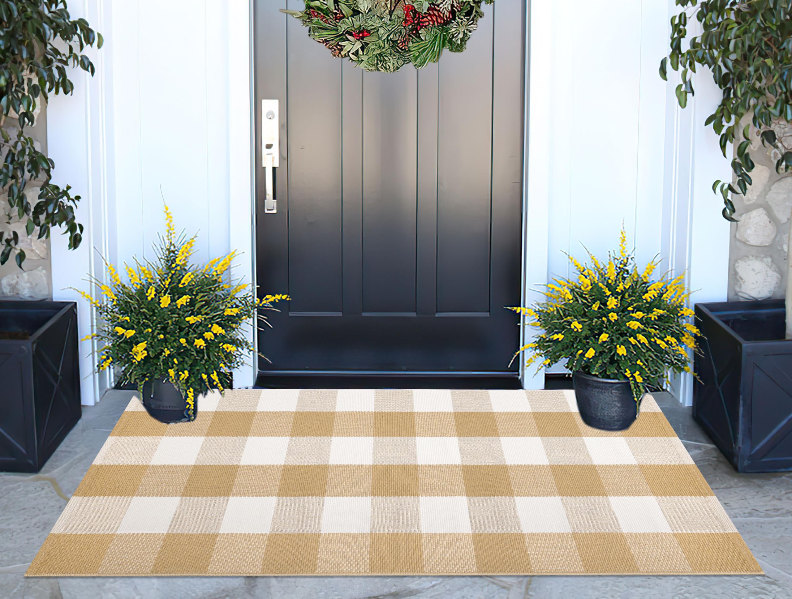 Khaki and White Outdoor Rug 24''x 51''Checkered Front Porch Mat Cotton Woven Washable Rugs Front Door Mat for Hello/Welcome Mat Entryway,Bedroom,