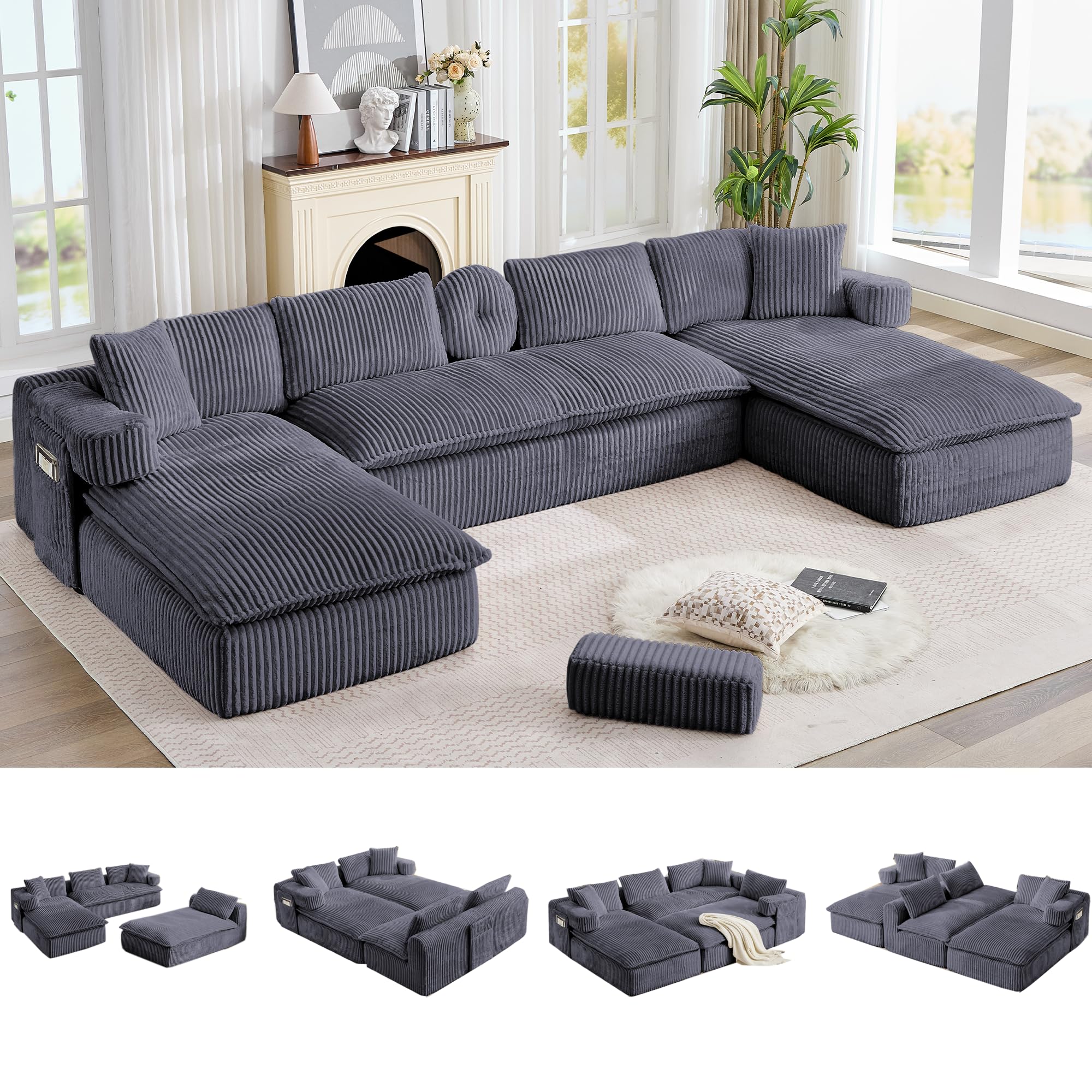 149" Oversized Cloud Boneless Couch with Chaise, Modern U Shape Modular Deep Seat Sectional Sofa, Comfy Corduroy Upholstered Couches for Living Room, No Assembly Required, Dark Grey