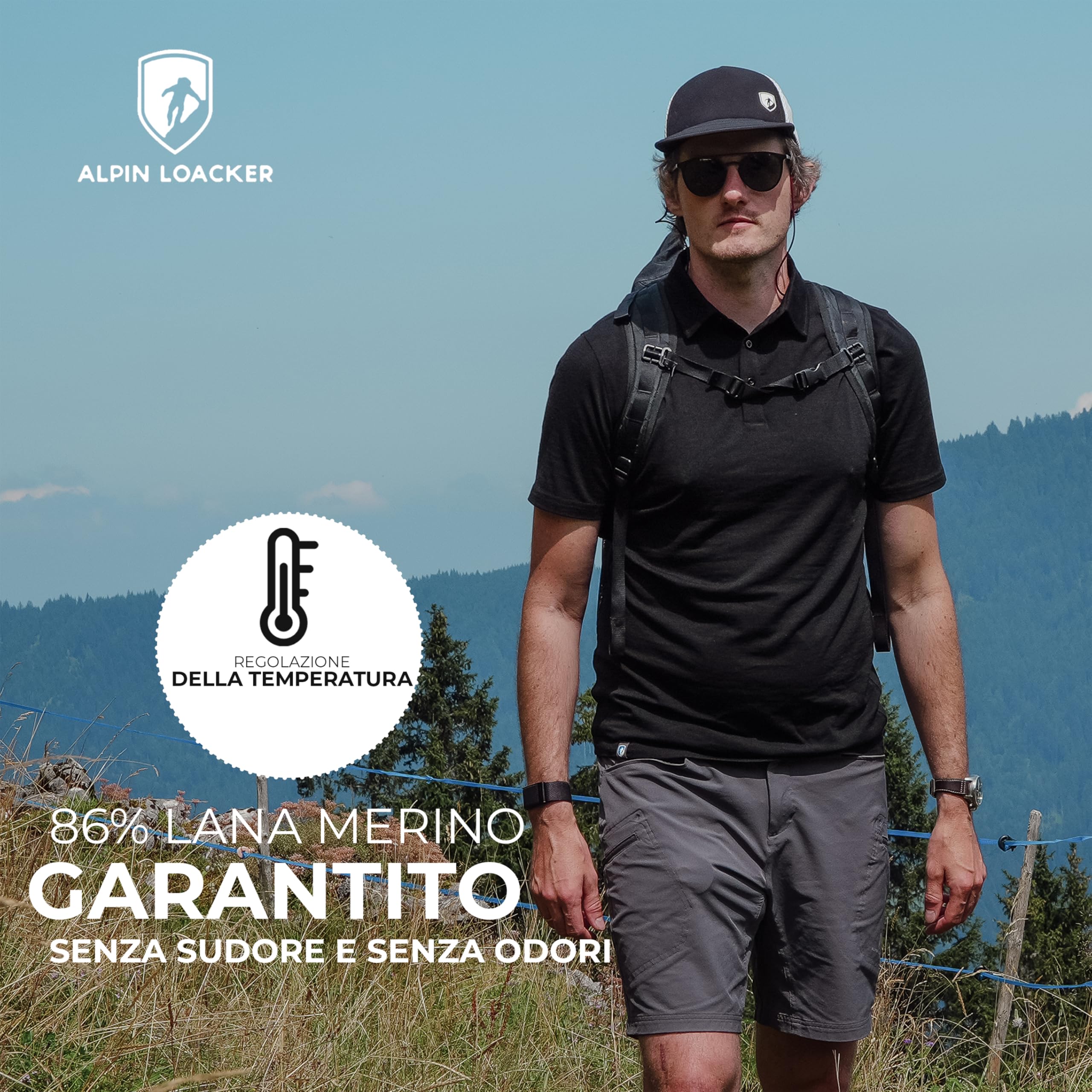 ALPIN LOACKER T-Shirt Uomo in Lana Merino - Maglietta Termica a Manica Corta per Sport e Outdoor, Scollo a V Nero, M