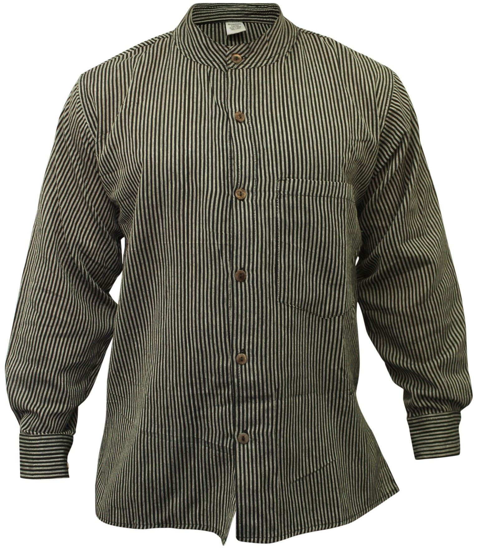 SHOPOHOLIC FASHION Camisa de Abuelo a Rayas para Hombre, Ropa Hippie de algodón de Manga Larga con Cuello de Banda
