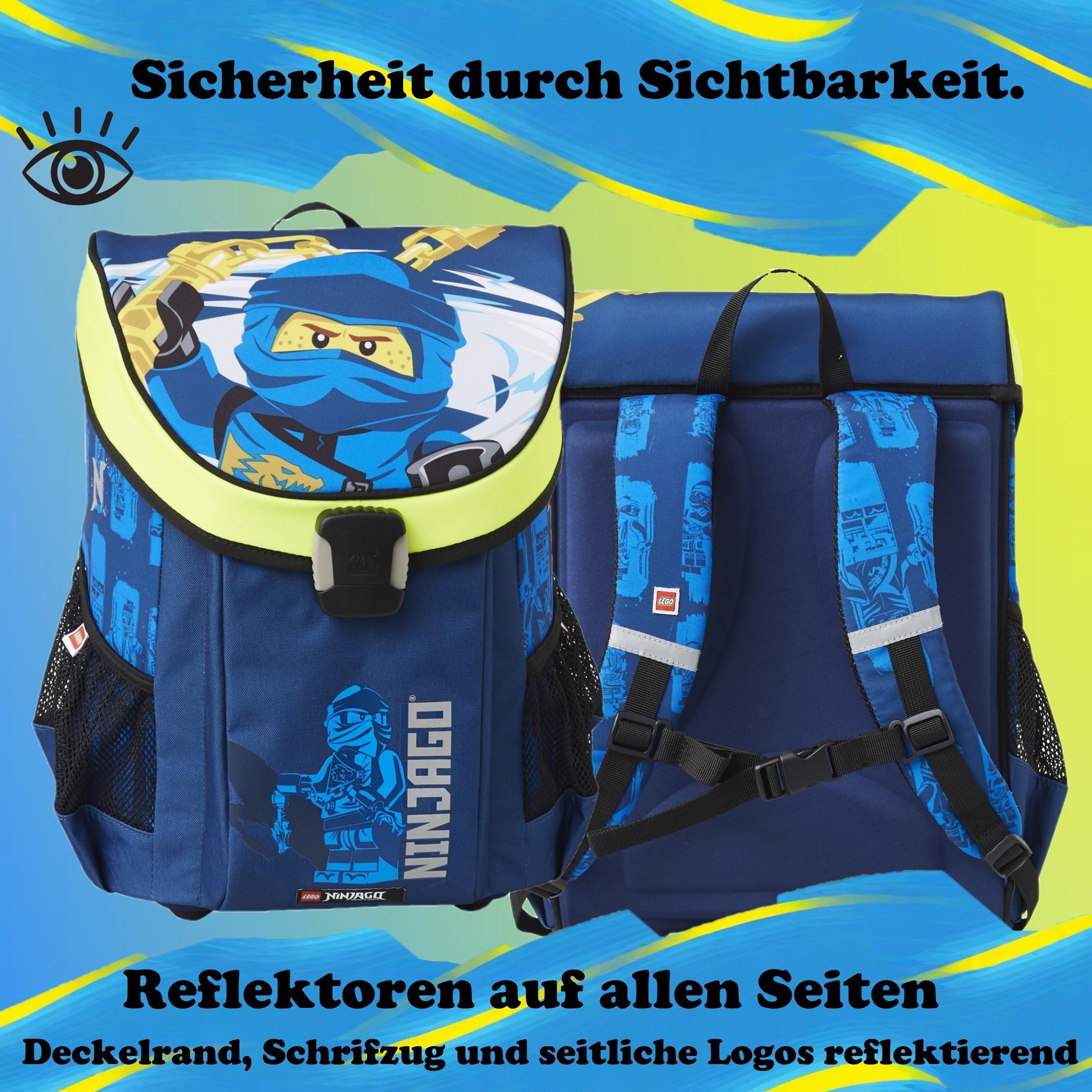 Familando - Schulranzen Set 9-teilig mit Sporttasche - Ninjago Blau - Ergonomisch, stabil & mit gepolstertem Rücken - 790g leicht mit 16L Volumen - wasserabweisend und mit Reflektoren - Ab 1. Klasse