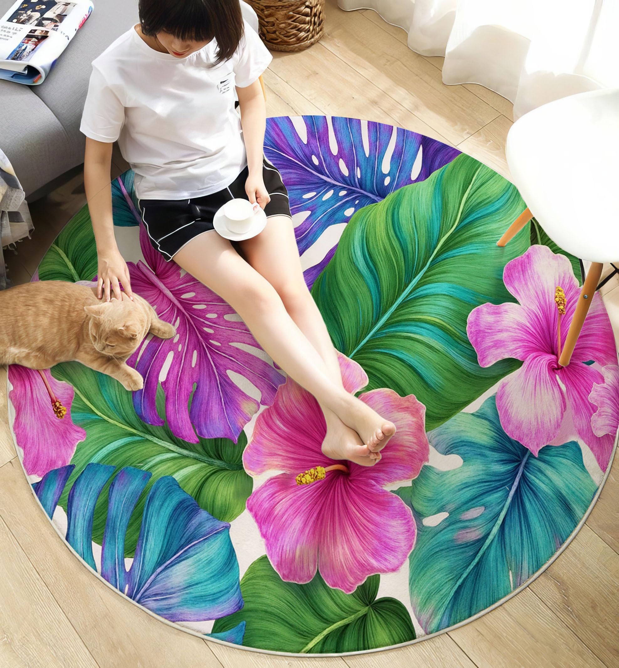 Tapis Rond Doux Fleurs Exotiques À Feuilles 120 Cm Grand, Lavable Machine Tapis Rond À Poils Courts Antidérapant Plantes Tropicales Rose Vert Pour Salons Chambres À Coucher Chambres D'Enfants