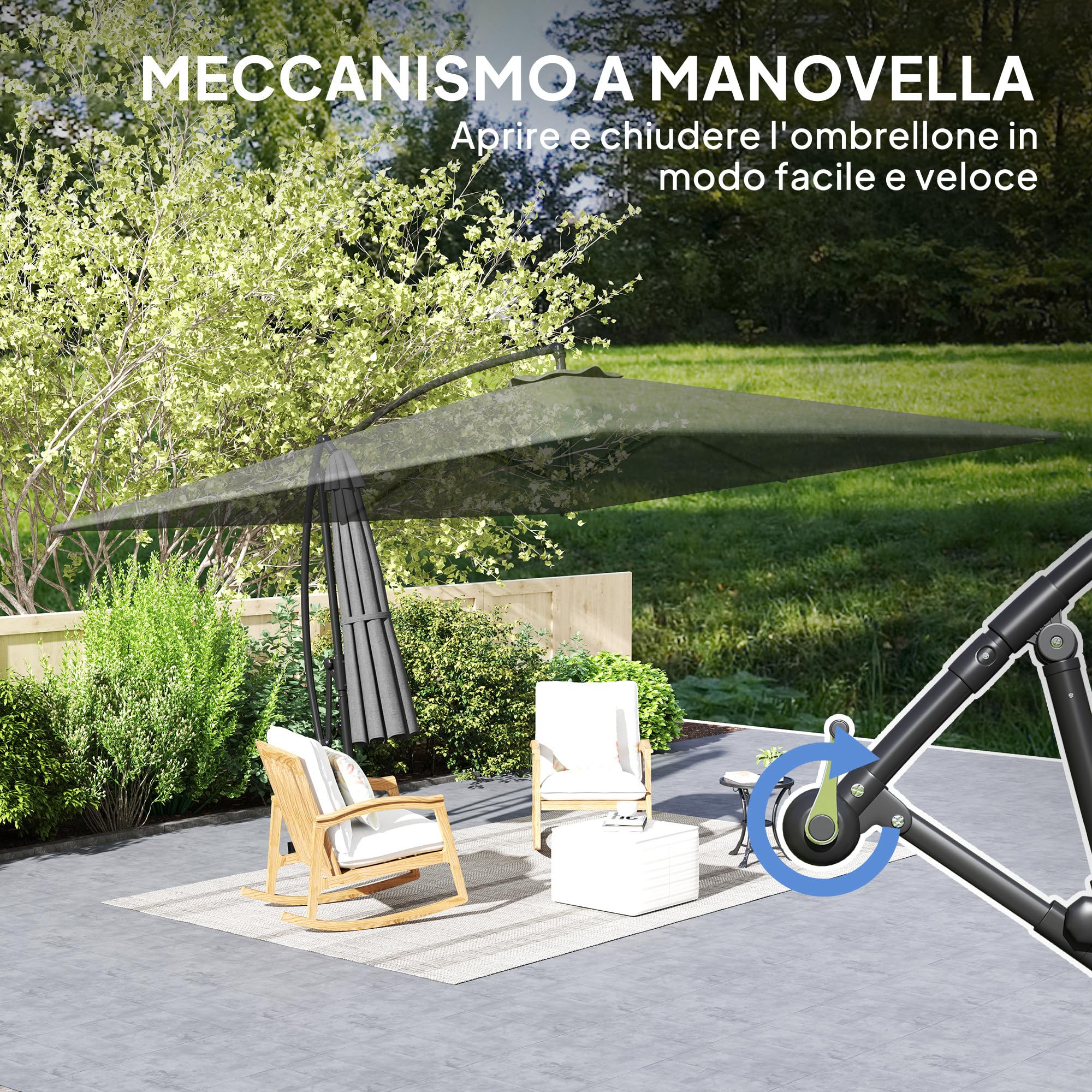 Outsunny Ombrellone Decentrato 2.8x3.8 m con Tettuccio Inclinabile Regolabile, Manovella e Prese d'Aria, Base a Croce, Ombrellone da Giardino in Metallo e Poliestere UV50+, Grigio