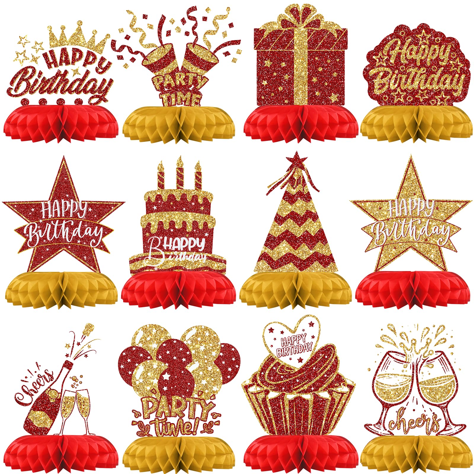 Red and Gold Birthday Decorations – 12PCS Honeycomb Table Centerpieces for Men Women Adults – Happy Birthday Table Decor Party Supplies