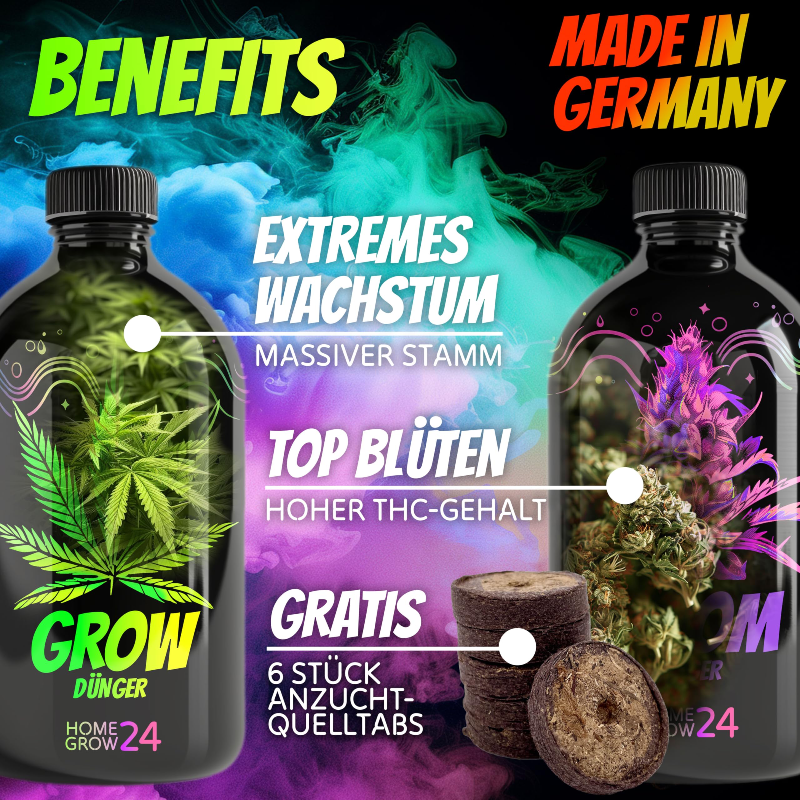 HOMEGROW24 Engrais pour Cannabis Duo - Grow et Bloom Engrais liquide NPK pour plantes d'intérieur, d'extérieur & autofloraison et kit de culture d'engrais pour chanvre adapté à la boîte de culture