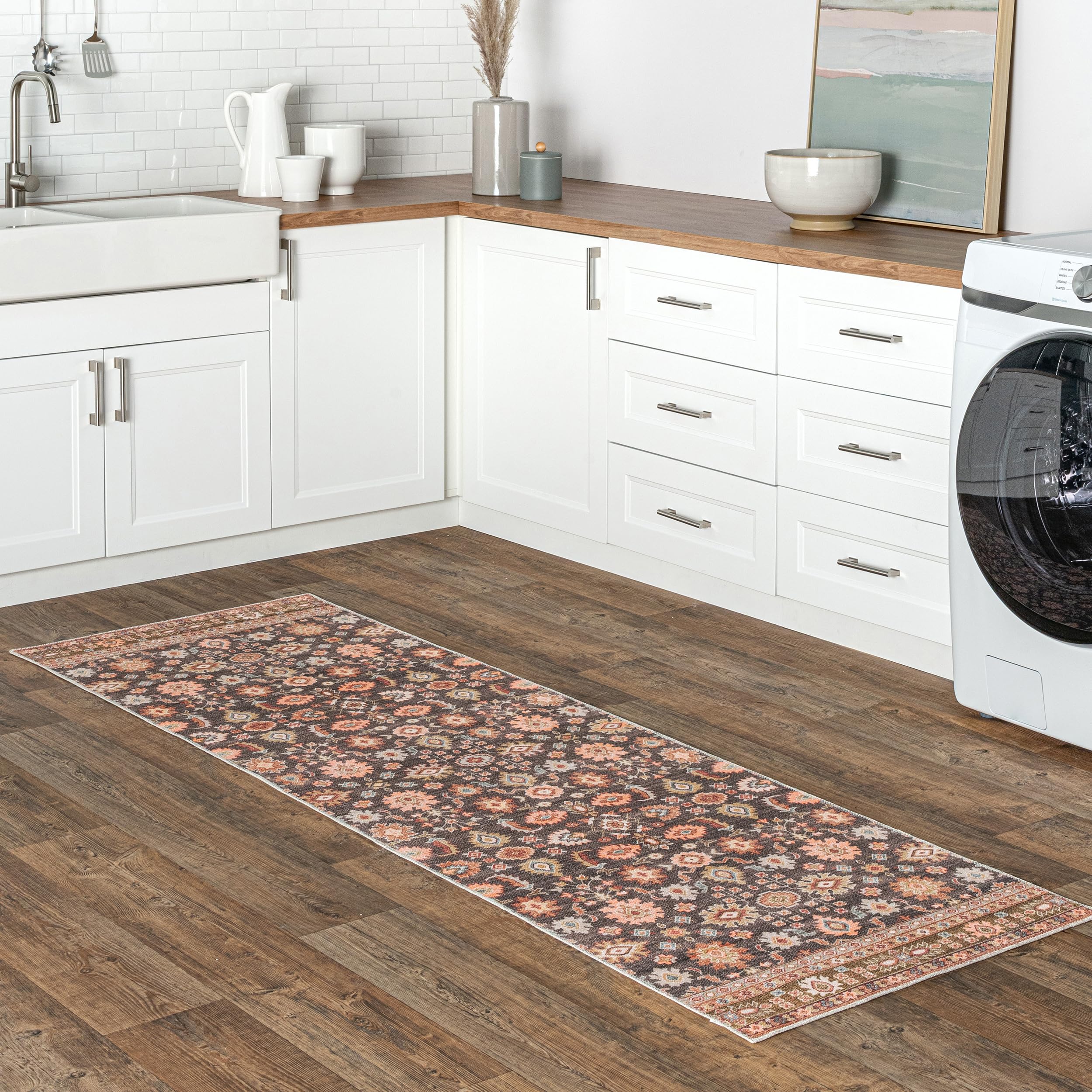 Tapis de cuisine floral beige lavable pour illuminer les sols de la maison