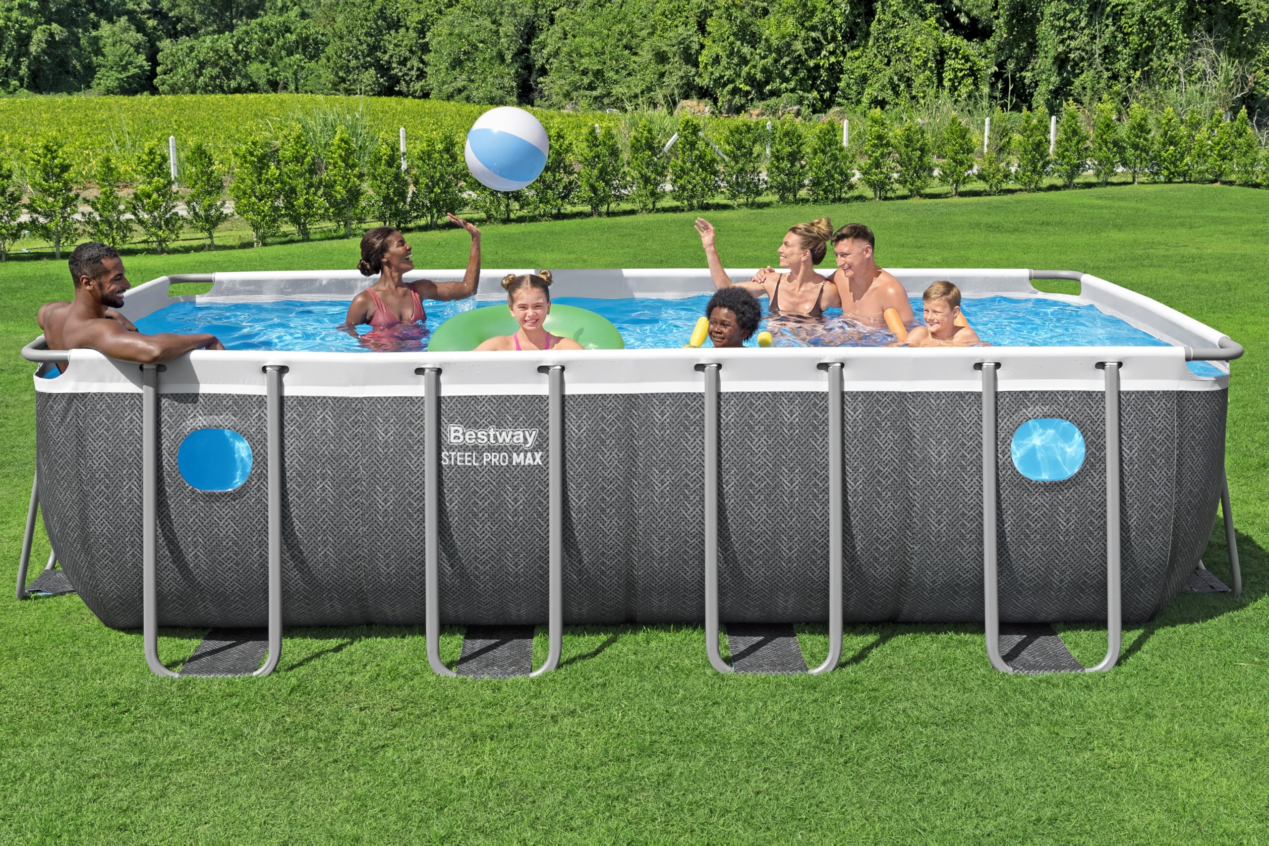 Bestway 561MB Set piscina fuori terra rettangolare Steel Pro MAX Splashview - 4,88 m x 2,44 m x 1,22 m, grigio
