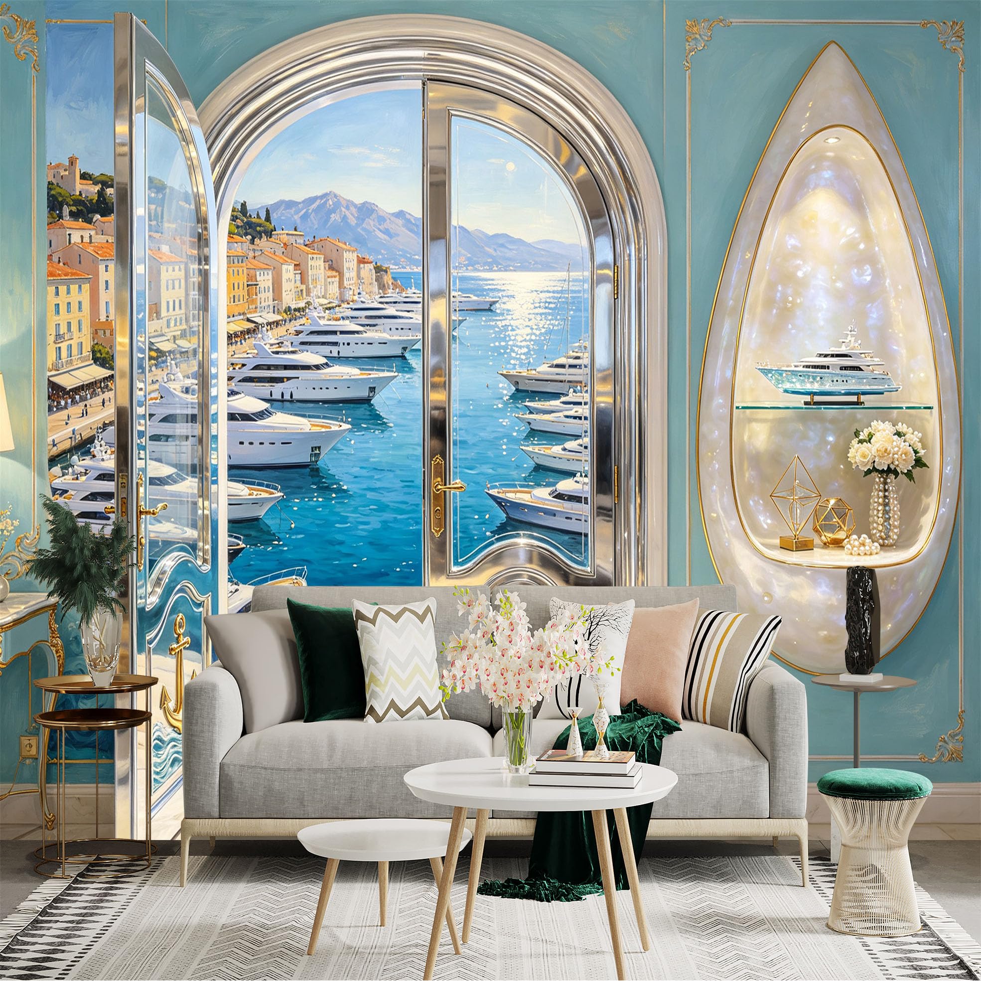 Custom Size Wall Sticker Mural， Luxury Yacht Marina， Coastal Harbor View， Ocean Waterfront， Arched Door Scene， for wall Decoration， peelandstick wall Decals.