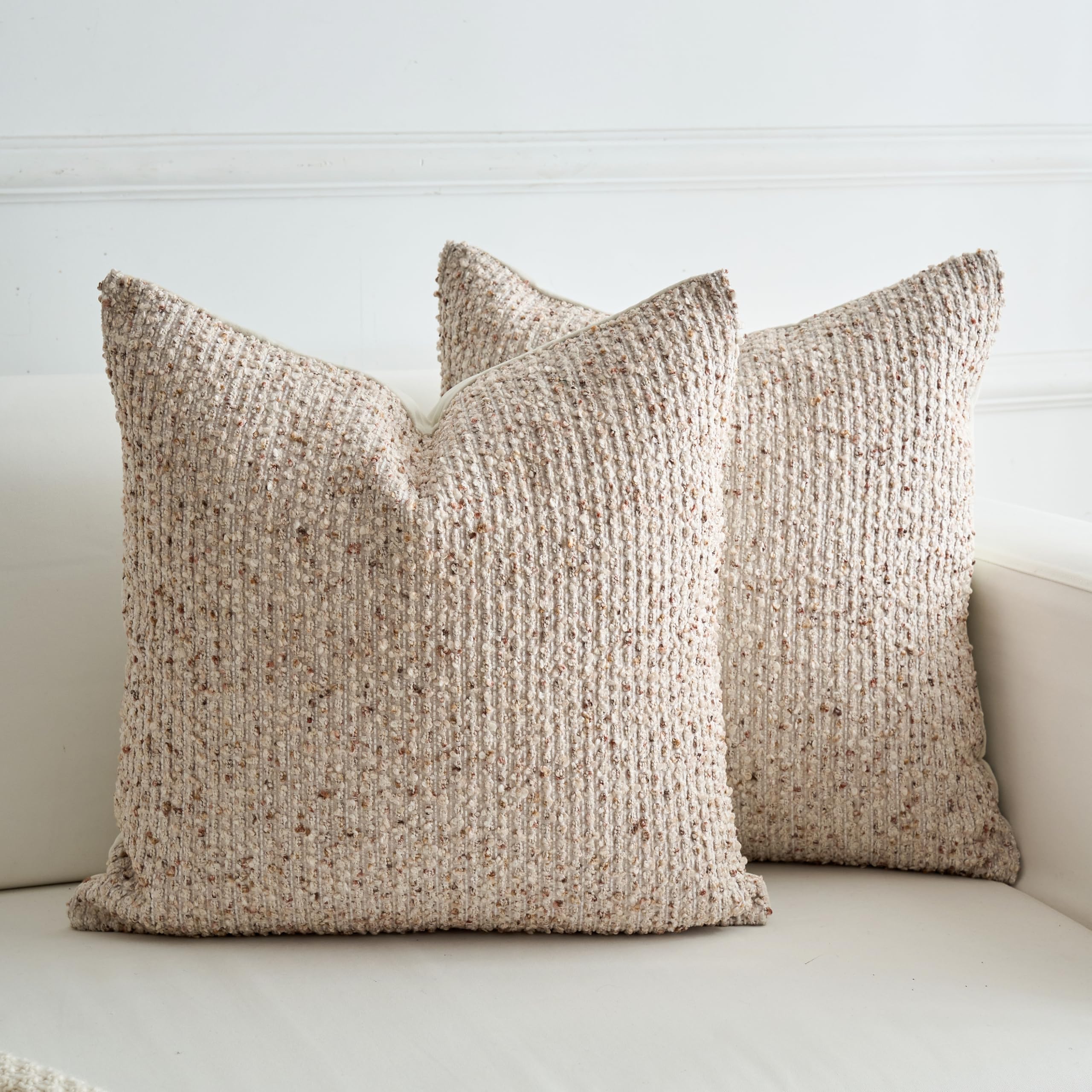 LIGICKY Pack of 2 Textured Boucle Throw Pillow Covers Decorative Modern Accent Striped Pillow Cases Cozy Soft Couch Cushion Case for Sofa Bedroom Living Room Home Decor, 25” x 25”  Inch, Beige