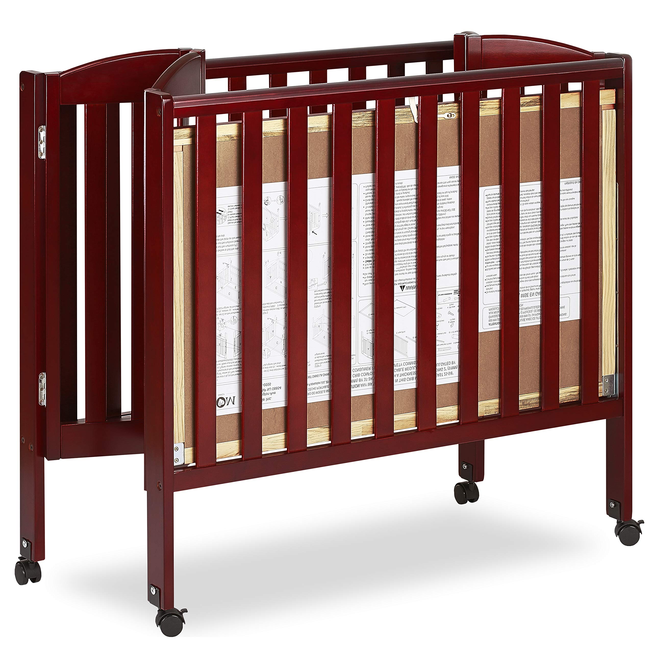 Dream On Me 3 in 1 Portable Folding Stationary Side Crib in Cherry, Greenguard Gold Certified, Safety Wheel with Locking Casters, Convertible, 3 Mattress Heights