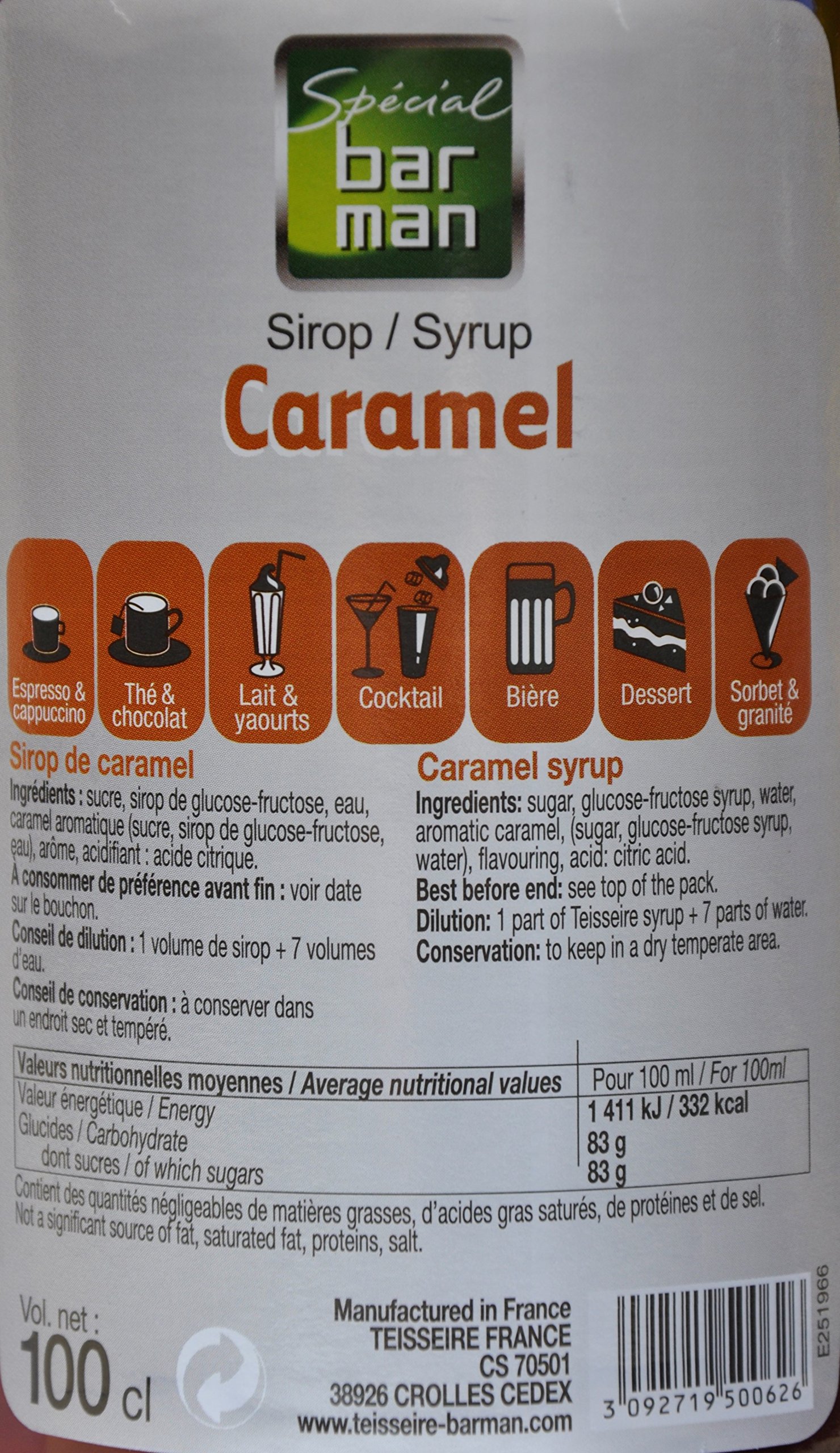 Lot de 3 sirops de Caramel Mathieu Teisseire, pour boissons milk-shakes, cafés, desserts, sodas, spritz, limonades, 3 bouteilles de 1L