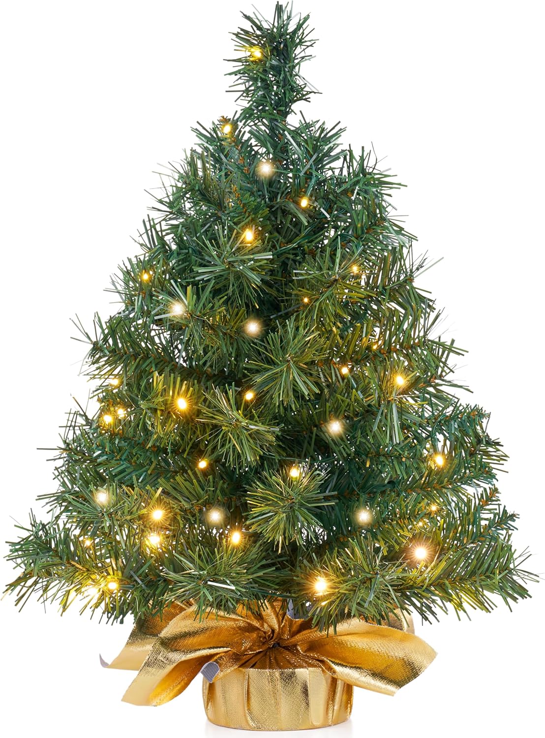 JOIEDOMI 24"/2FT Small Tabletop Christmas Tree with LED Warm Lights, Table Top Christmas Decorations Pre-lit Artificial Xmas Tree, Green Mini Tree for Christmas Decorations Indoor Xmas Party Décor