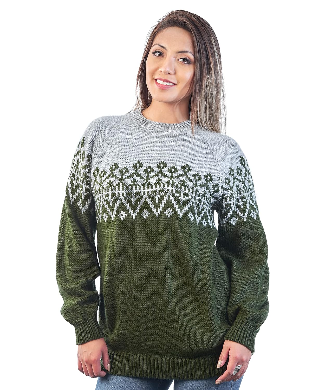 Handmade Crewneck Gray and Green Alpaca Sweater for Women - Island Sweater