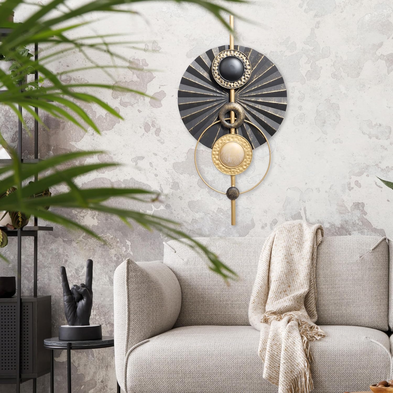 WHW Whole House Worlds Modernist Home Abstract Wall Sculpture, Cosmic Burst, Geometric, Hand Welded Iron, Lacquered, Tonal Grey with Gold Accents, Distressed 29.5 Inches,