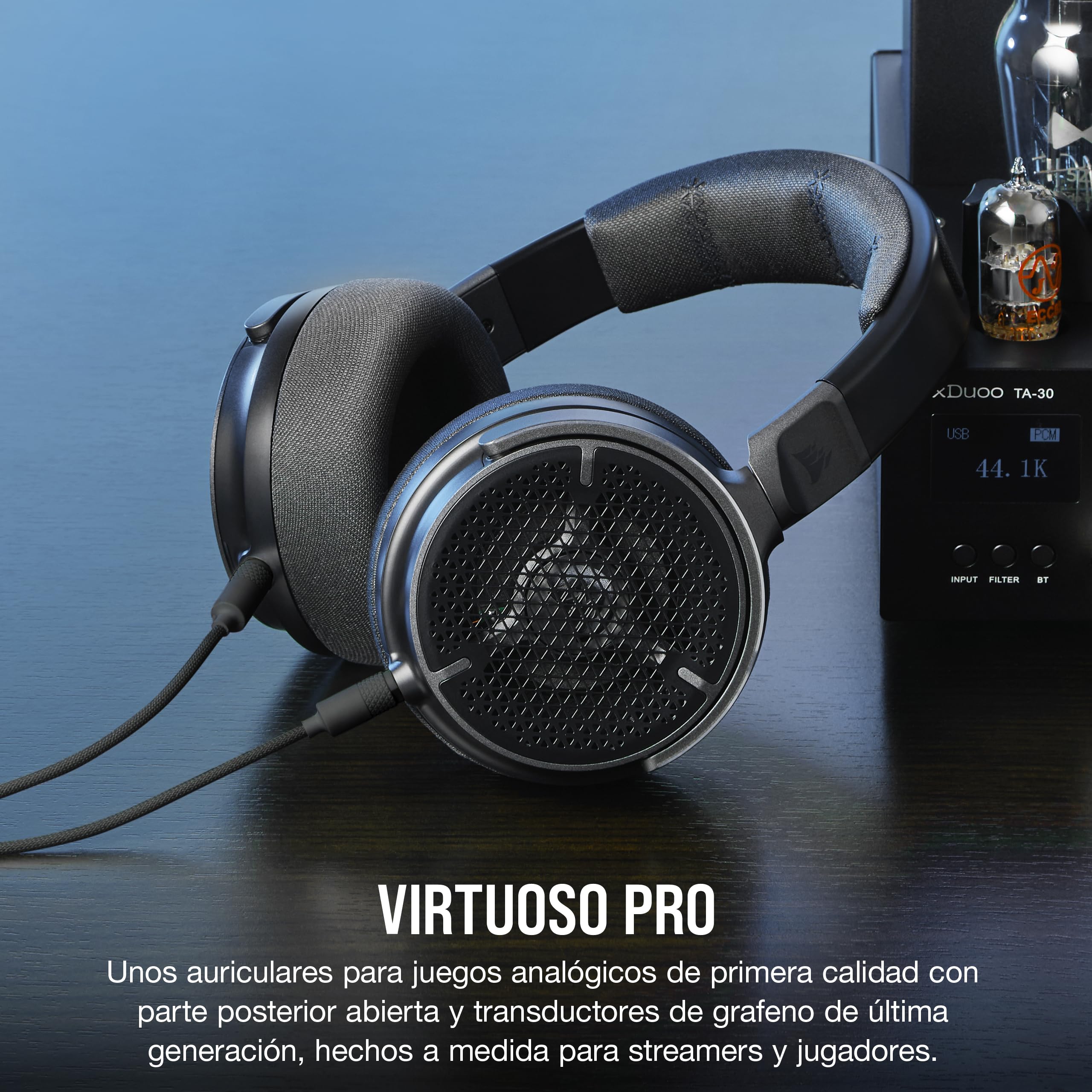 Corsair Virtuoso Pro Auriculares con Cable y Parte Posterior Abierta para Juegos - Micrófono Unidireccional Extraíble - Transductores de Audio de Grafeno 50mm - Carbon