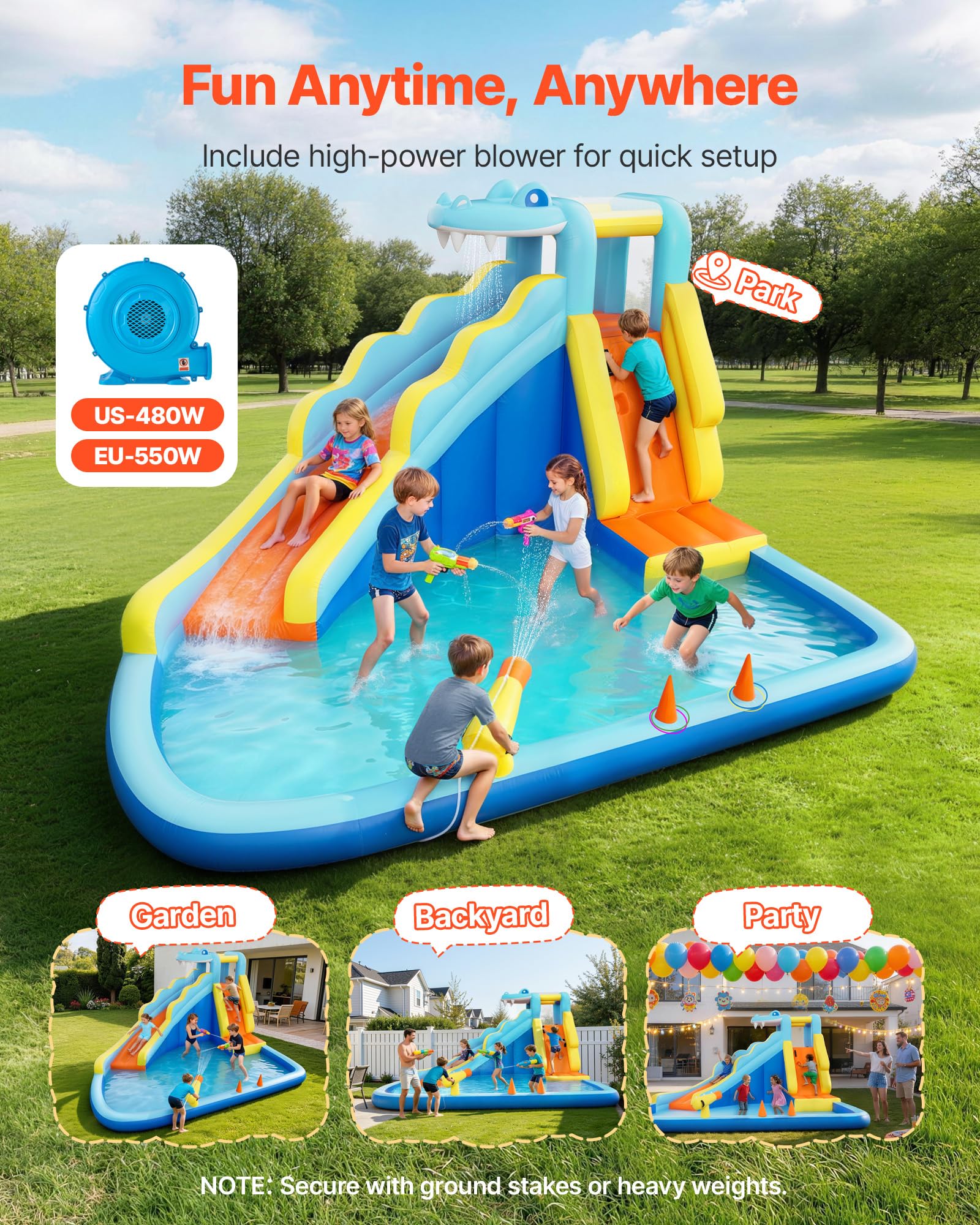 VEVOR Nadmuchiwany zamek dla dzieci park wodny 353 x 400 x 235 cm, dmuchany zamek ze zjeżdżalnią ścianą wspinaczkową pojemność ok. 3-4 dzieci w wieku 3-8 lat, zabawa wodna na zewnątrz