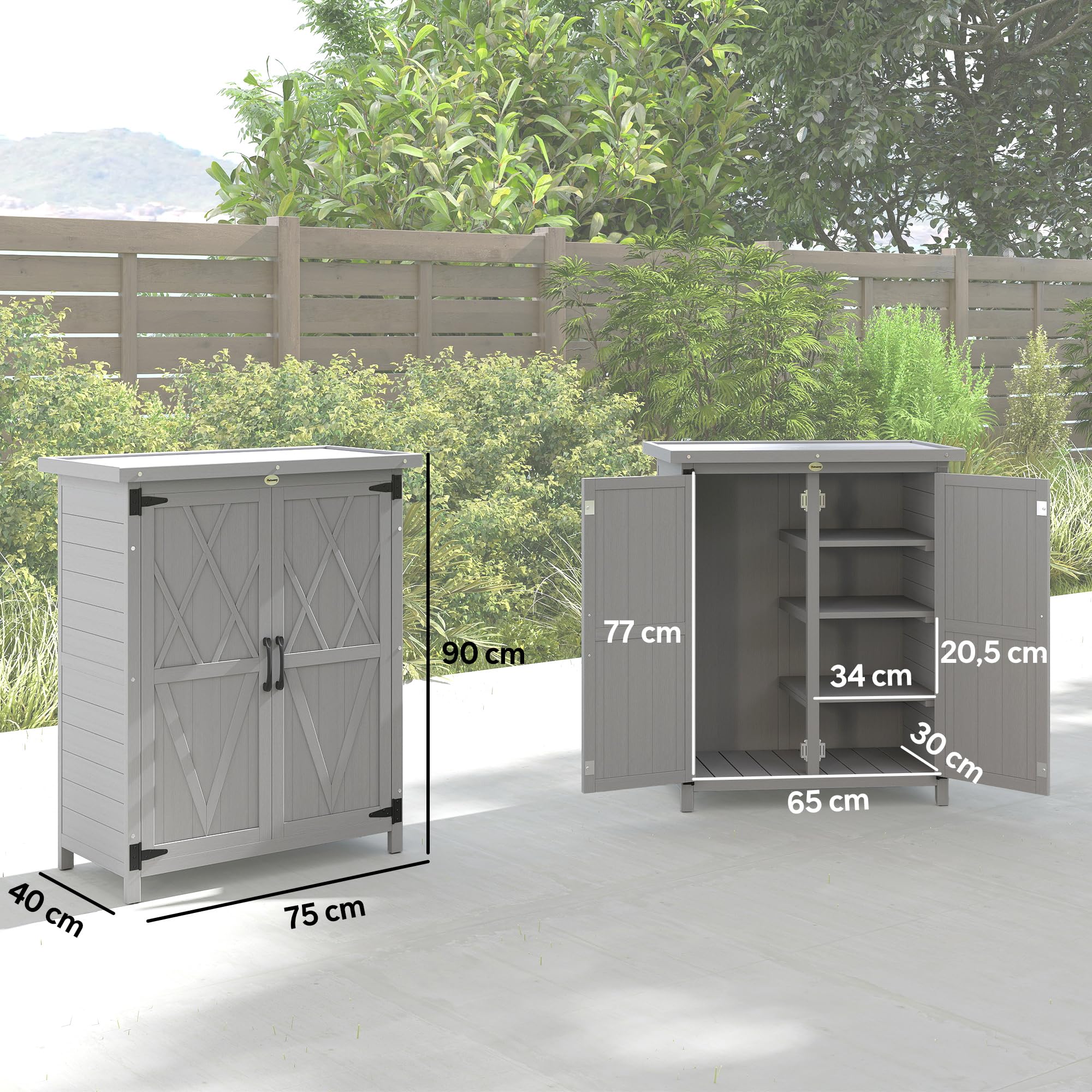 Outsunny Caseta de Jardín de Madera, 75x40x90 cm, Cobertizo Jardín Exterior, Armario para Almacenaje de Herramientas, con 4 Estantes, 2 Puertas y Techo de Acero Galvanizado, Gris