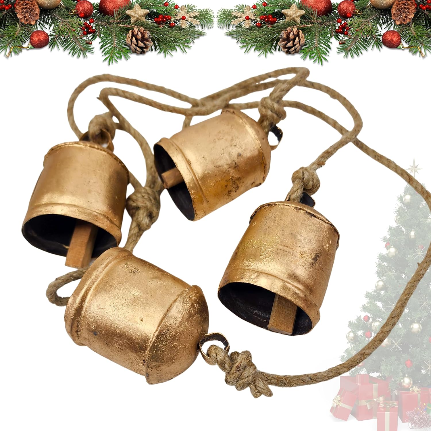 BELLUXE Small Vintage Rustic Lucky Tin Metal Cow Bells Handmade Christmas Décor Bells on Jute Rope Wall Hanging Décor (4, Small Cluster)