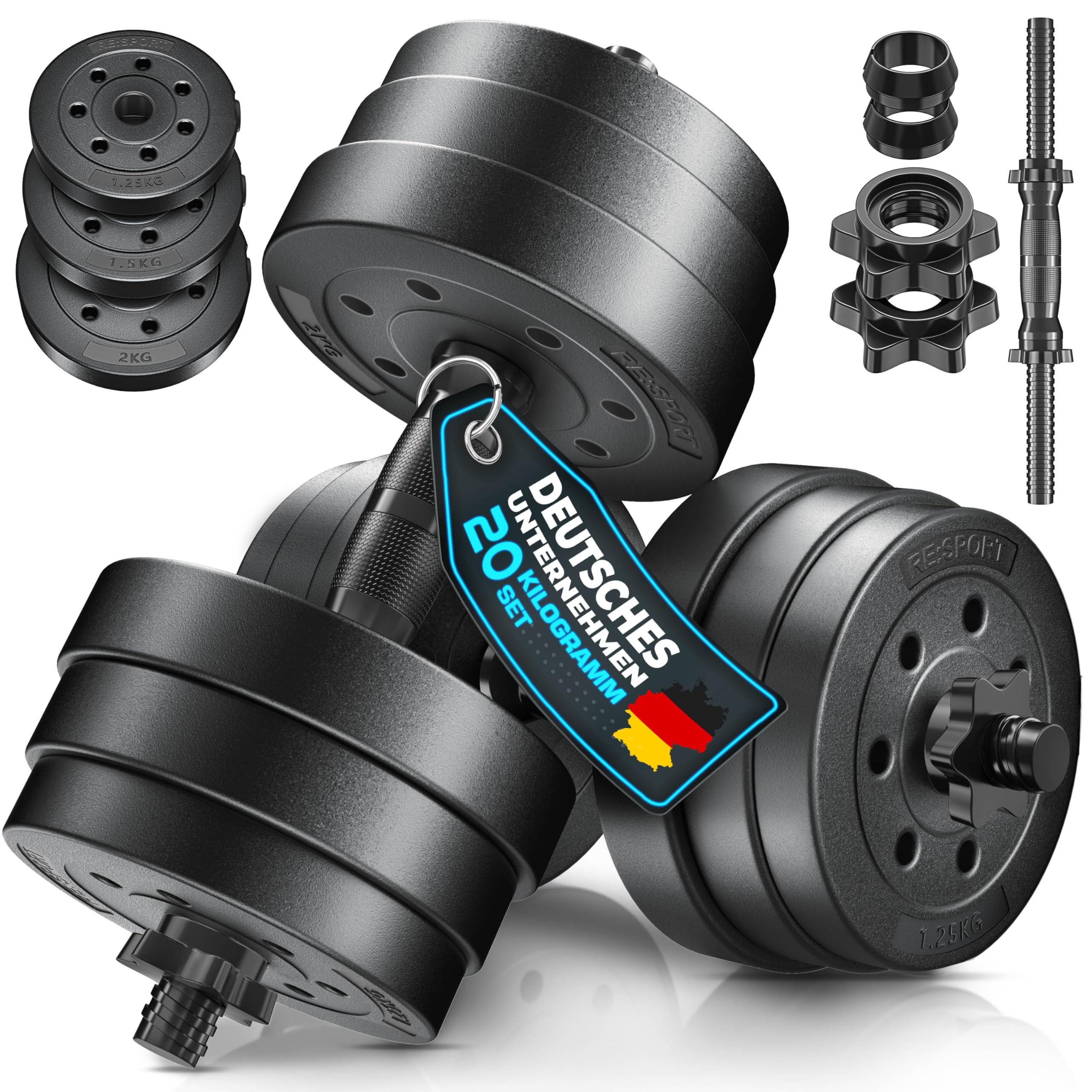 RE:SPORT® 2er Hanteln Set verstellbar 15/20/30/40kg | 2 Fitness Kurzhanteln | Hantel mit Gewichten & 4 Sternverschlüsse | Kurzhantel für Muskelaufbau, Workout & Zuhause Gewichte Workout Krafttraining
